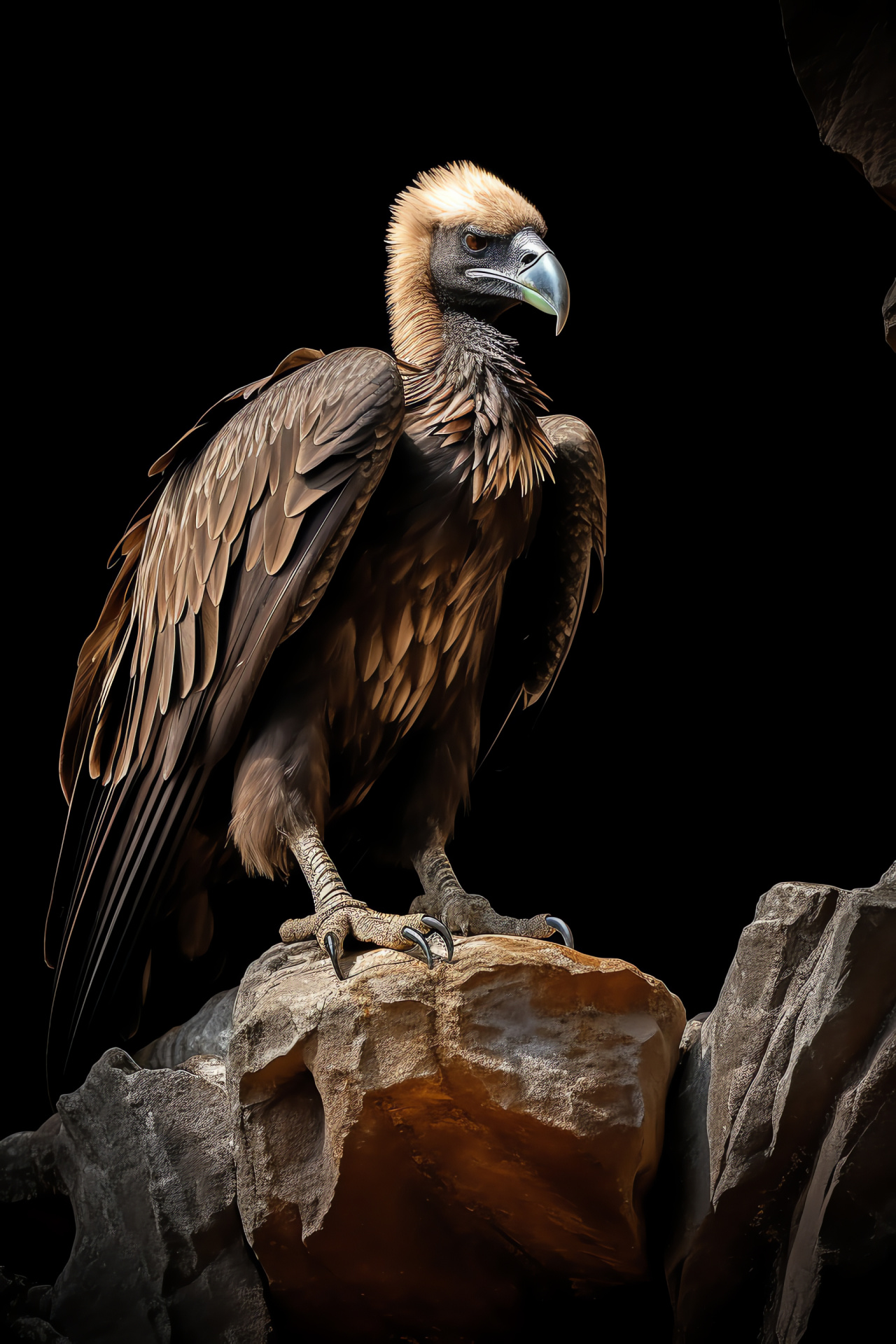Scavenger bird, ruffled plumage, piercing look, natural cliff, dark setting, HD Phone Image