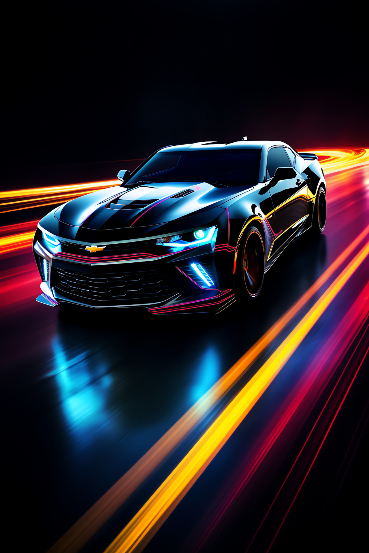 Neon vehicle, pure darkness canvas, expansive presentation, electric luminescence, distinct lines, HD Phone Image