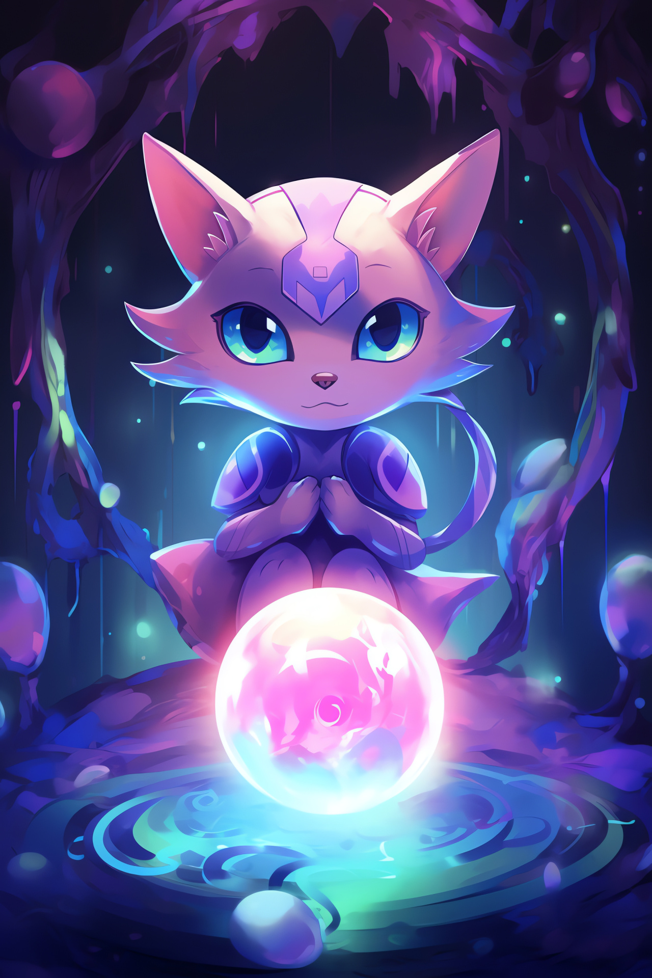 Pokemon Mew, Psychic power, serene levitation, innocent blue eyes, gaming icon, HD Phone Image