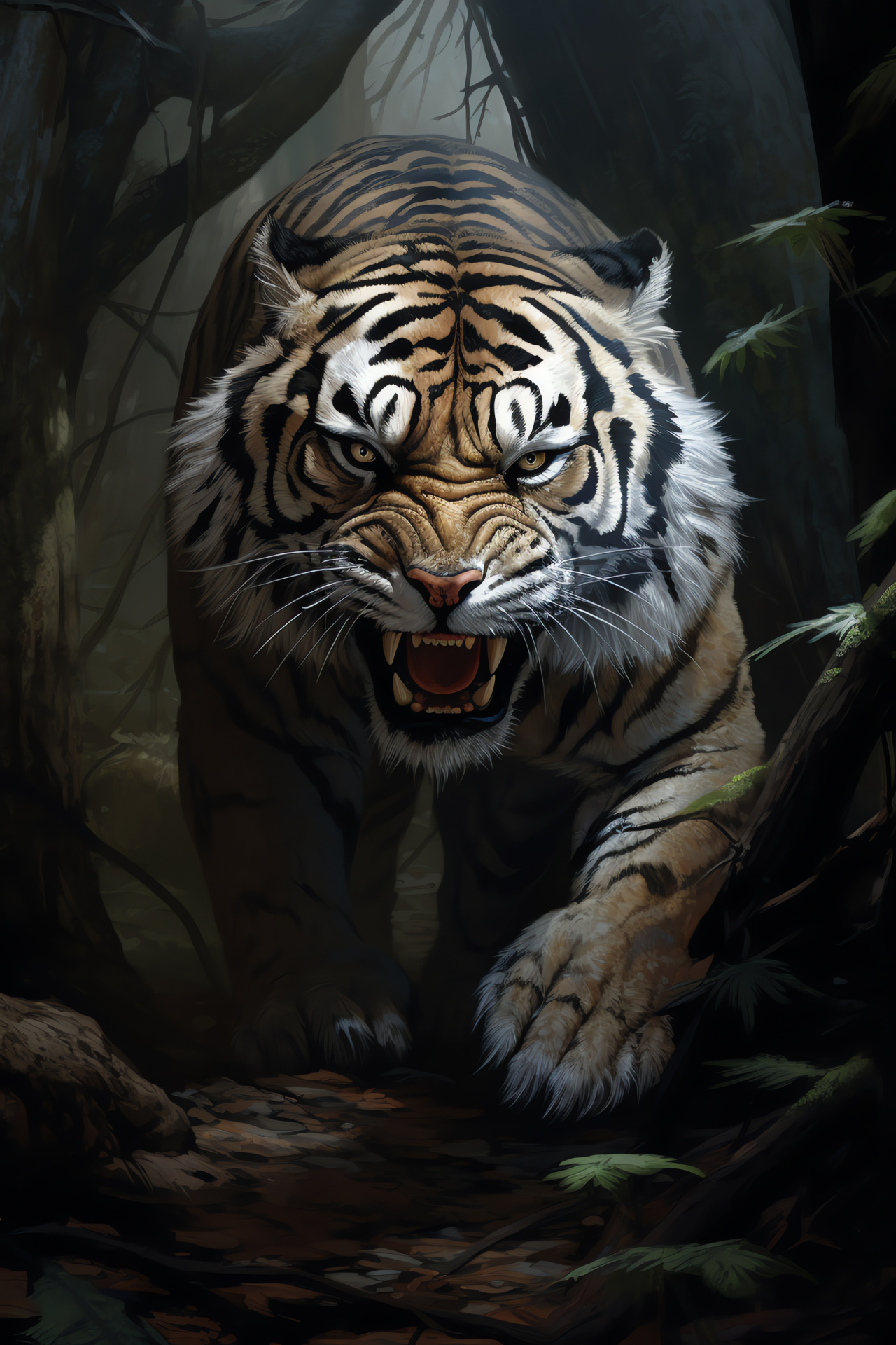 Fierce Saber Tooth, Prey-stalking fangs, Monochrome forest setting, Stealth gaze, Primeval camouflage, HD Phone Image