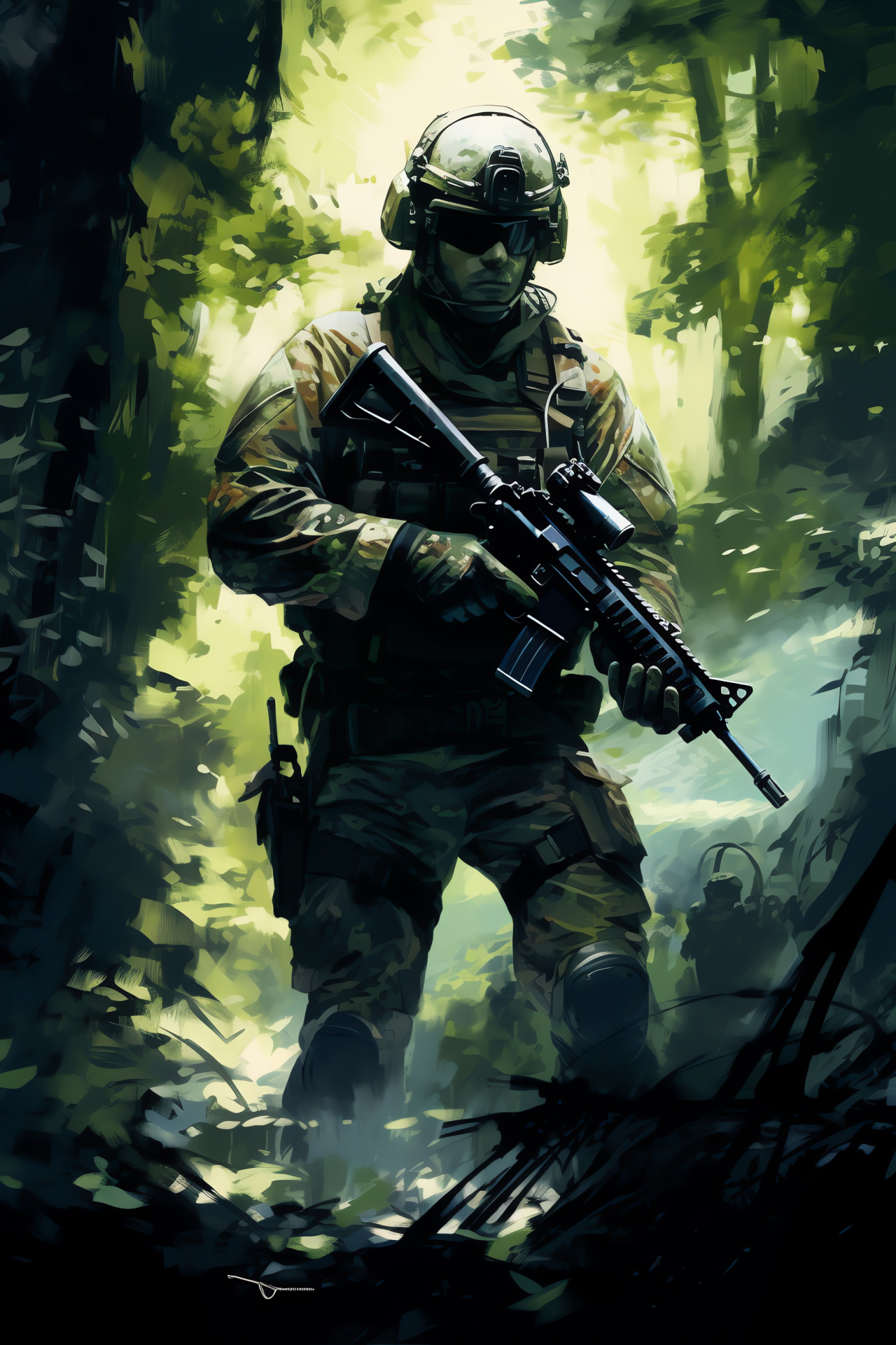 Call of Duty sequence, Ghost character, Submachine firepower, Wooded area, High-stakes gameplay, HD Phone Image