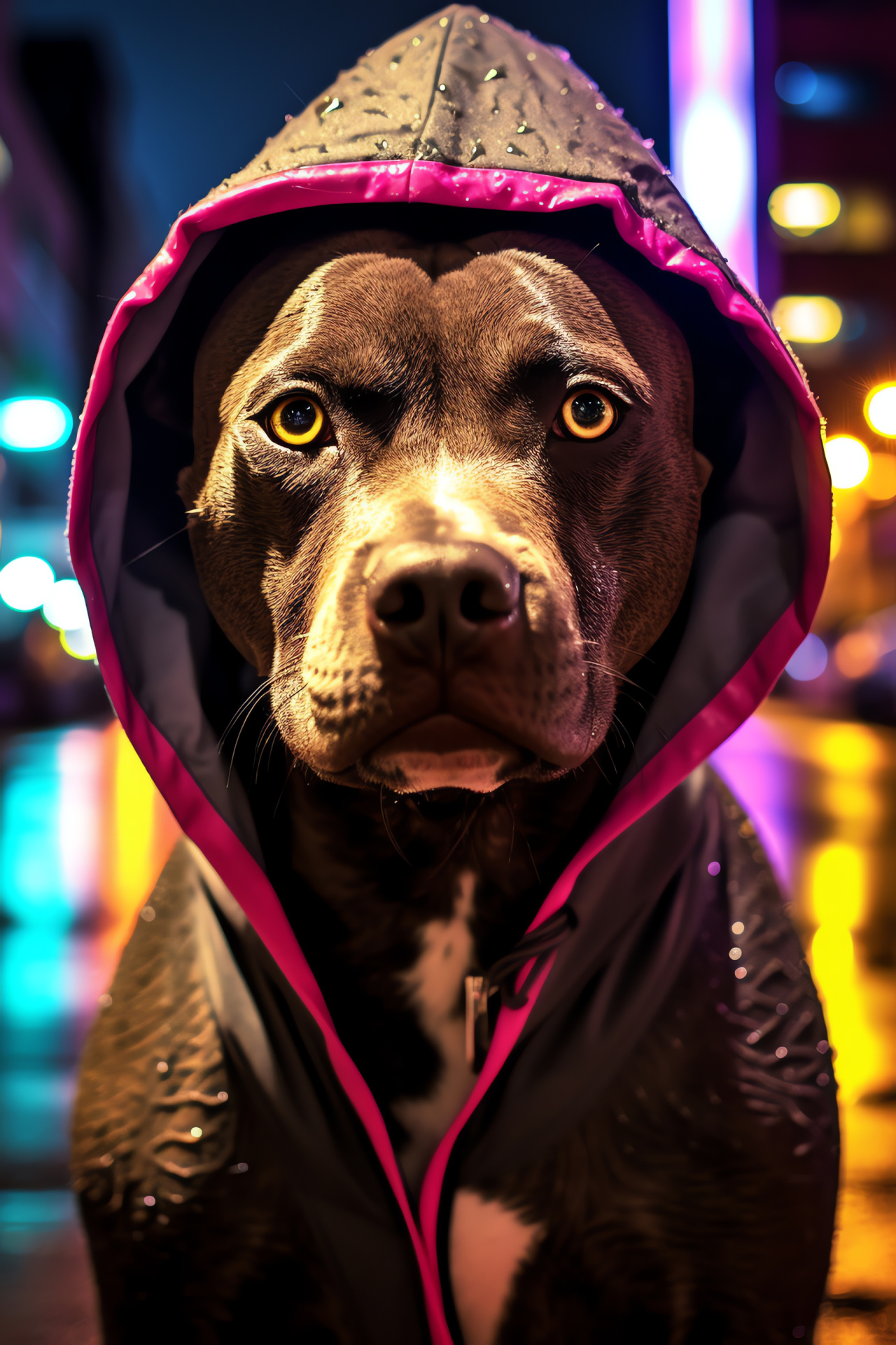 Pitbull Terrier, vigilant canine, gleaming steel gray coat, intense brown eyes, urban night lights, HD Phone Wallpaper