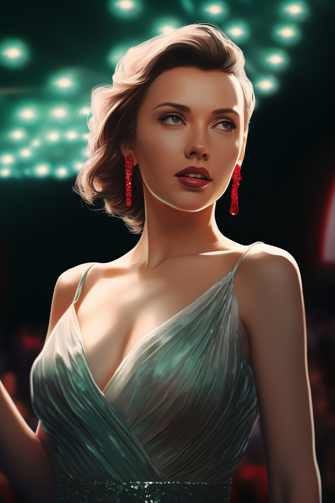 Scarlett Johansson, Exclusive red carpet, Designer gown elegance, Sparkling green eyes, Diamond wrist adornment, HD Phone Wallpaper