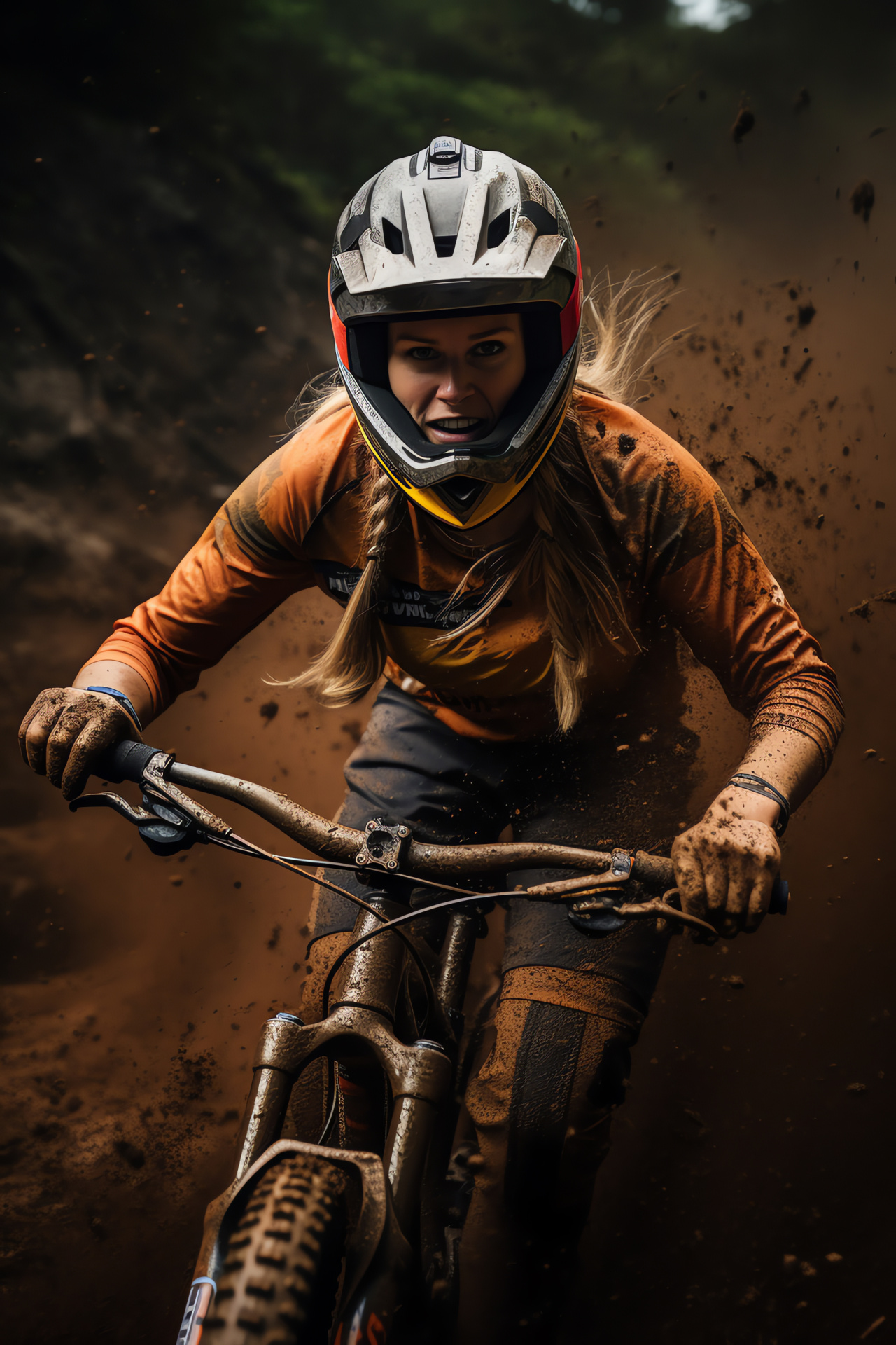 MTB downhill racing, Rachel Atherton athlete, Challenging off-road trail, Concentrated cyclist, Muddy terrain, HD Phone Wallpaper