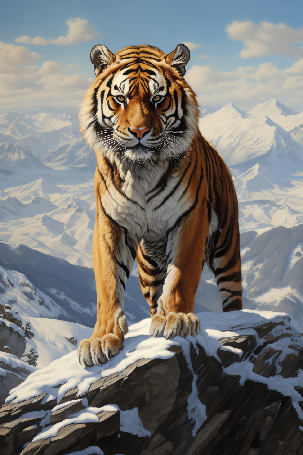 Snow Tiger, Mountain range, Vivid gaze, Siberian stripes, Wild majestic, HD Phone Image