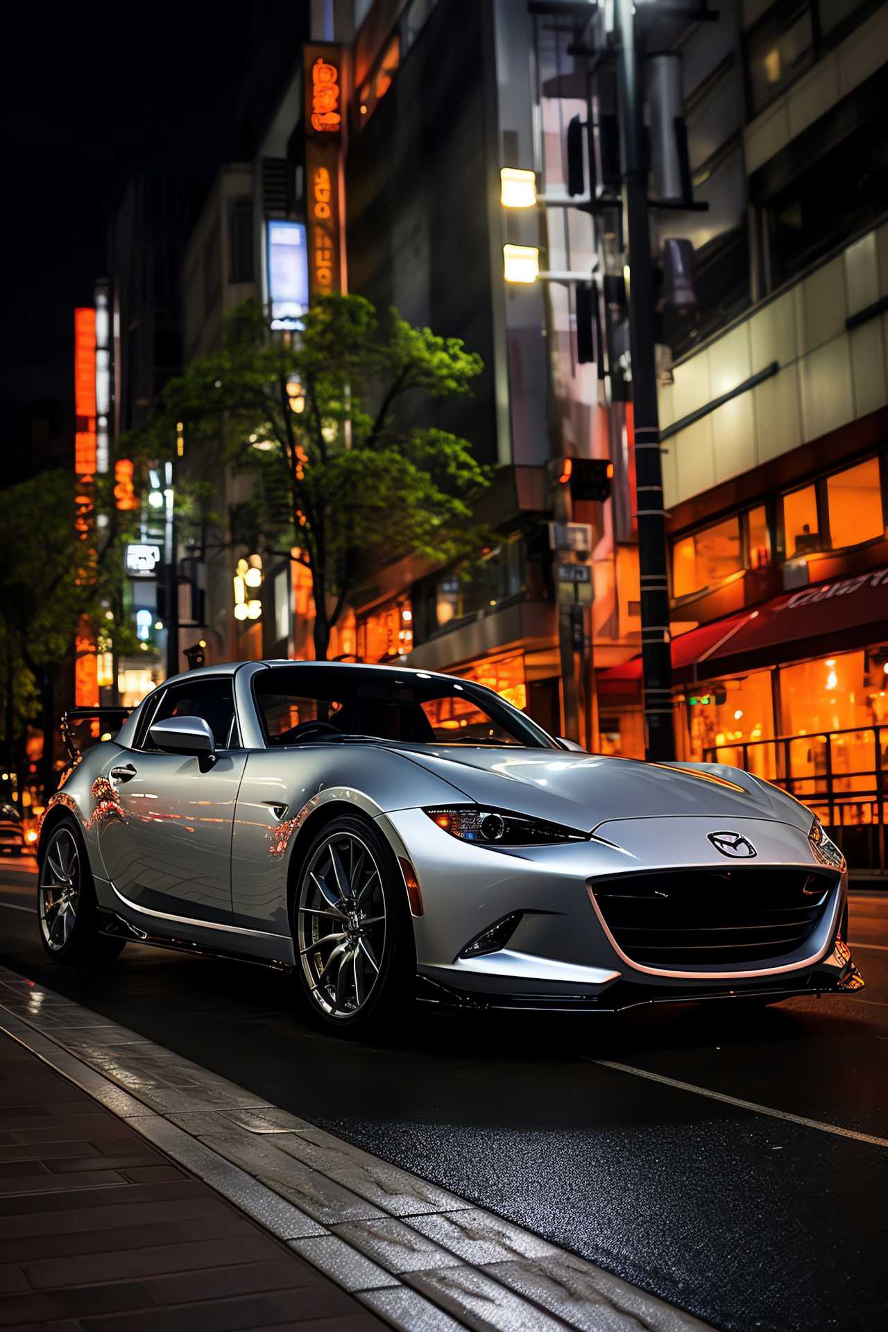 Veilside RX-8 edition, Osaka cityscape, Street level angle, Metallic silver brilliance, Urban nightlife glow, HD Phone Image