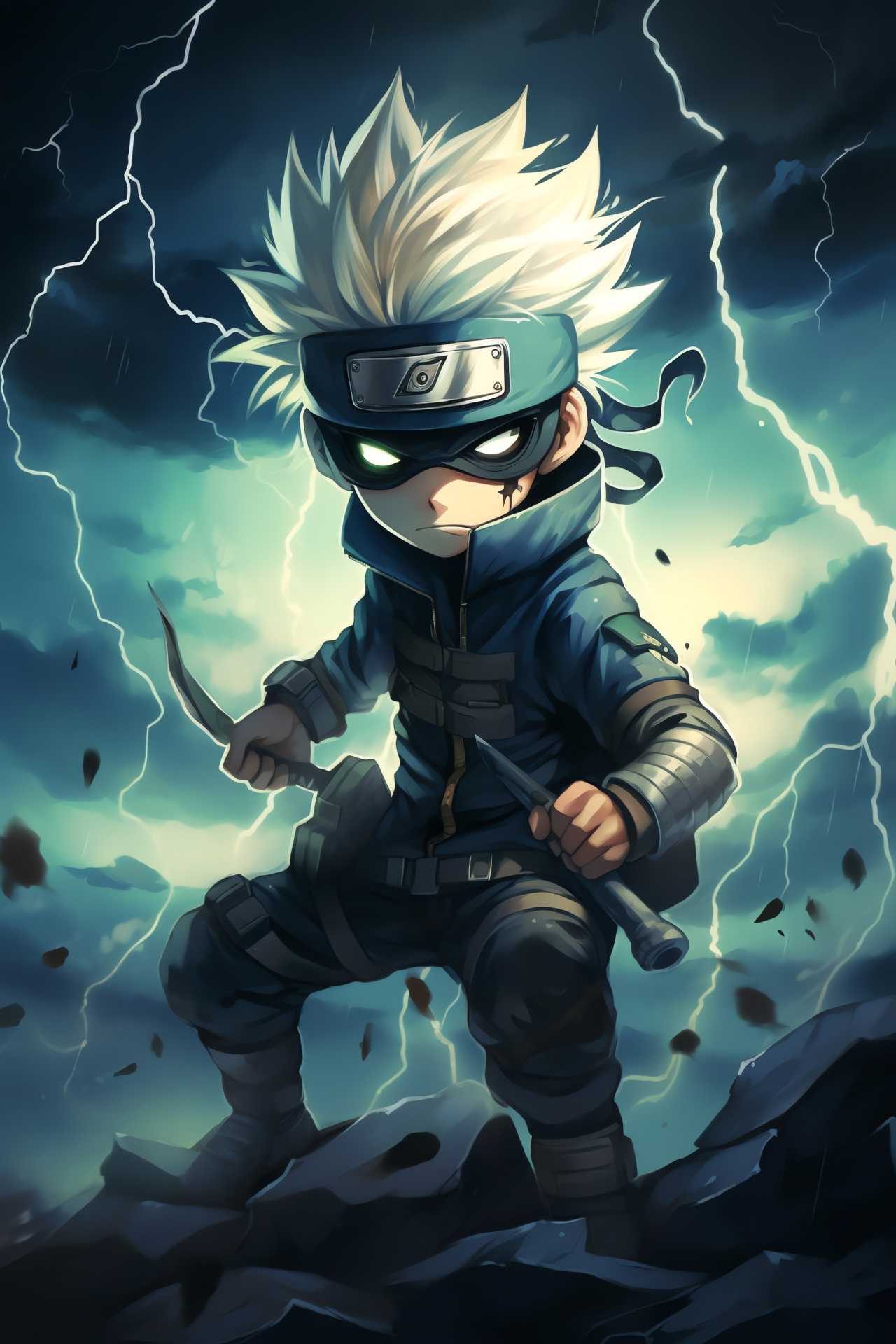 Chibi Kakashi combat illustration, Miniature ninja fighter, Anime jutsu execution, Ominous weather backdrop, Lightning Blade feature, HD Phone Image