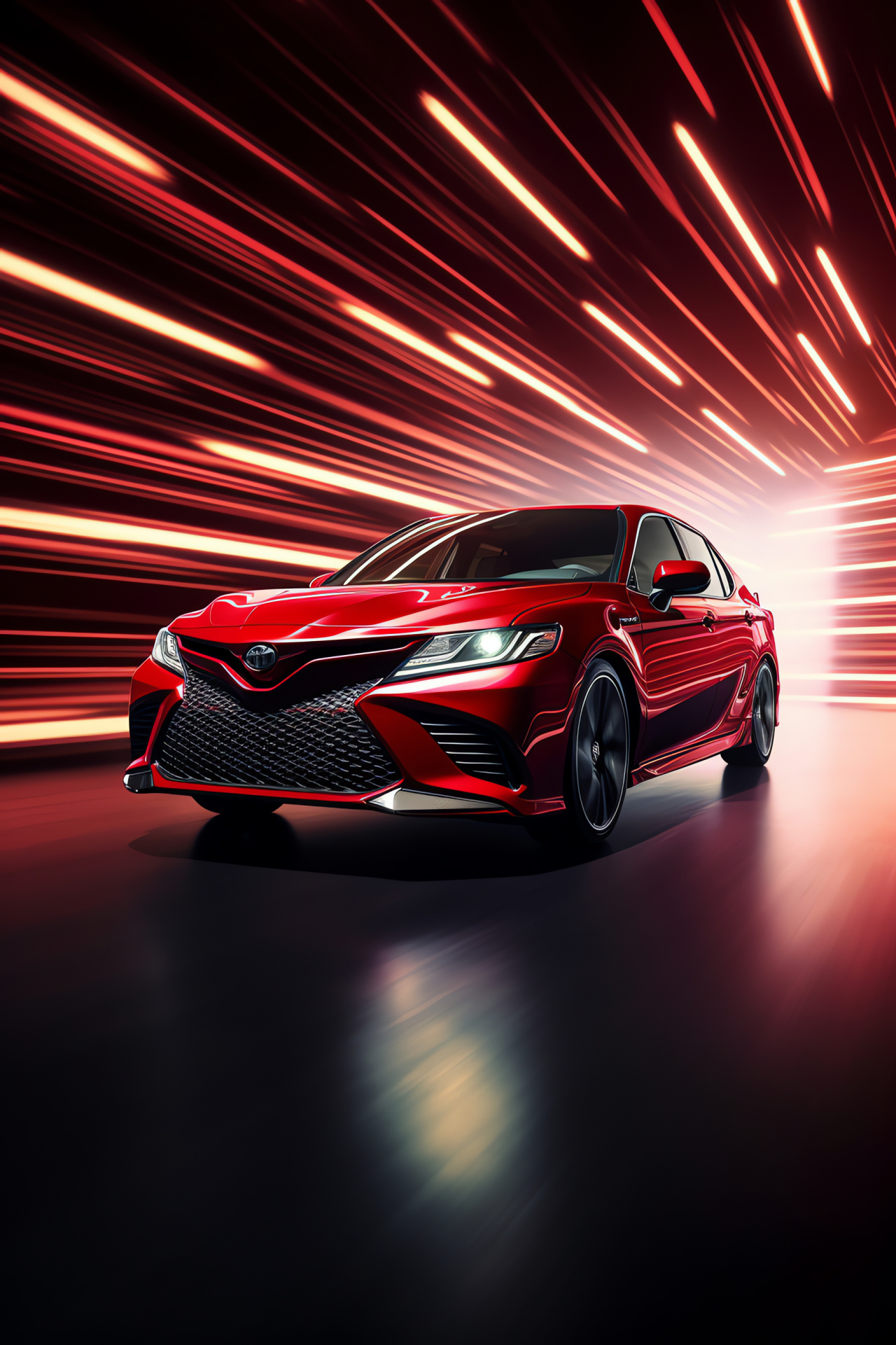 TRD Camry model, Race track perspective, Brilliant red paintwork, Automotive performance vibe, Static presentation, HD Phone Image