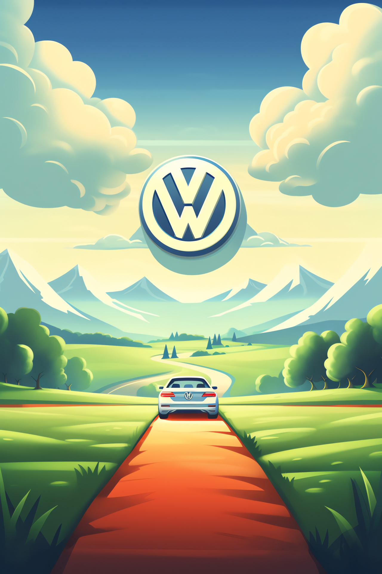 Volkswagen emblem, Picturesque landscape, Environmental integration, Automotive brand, Natural setting, HD Phone Wallpaper
