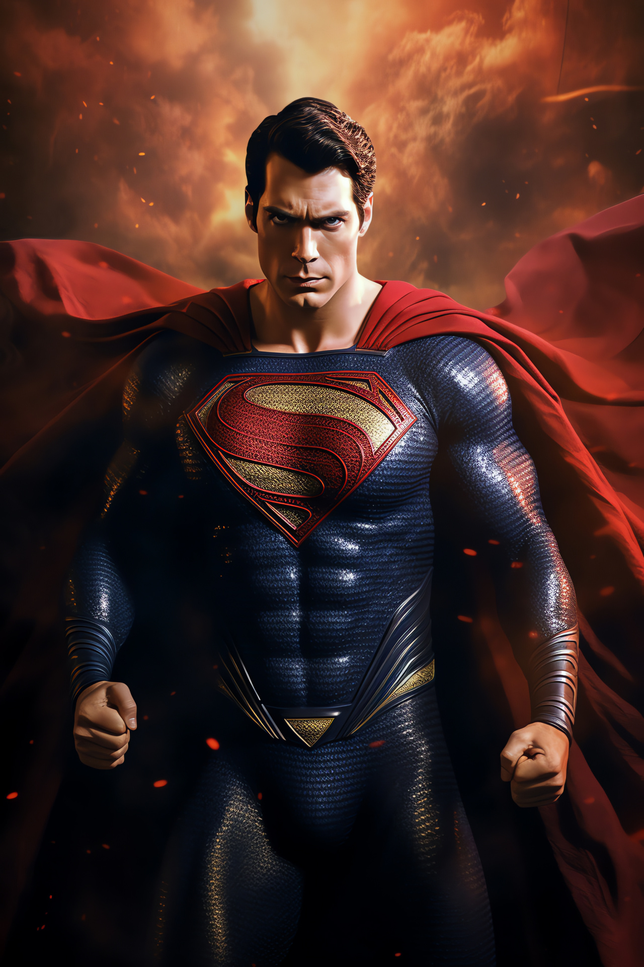 Superman with cape, Kryptonian hero stance, Superhero determination, Man of Steel, Comic book inspiration, HD Phone Image