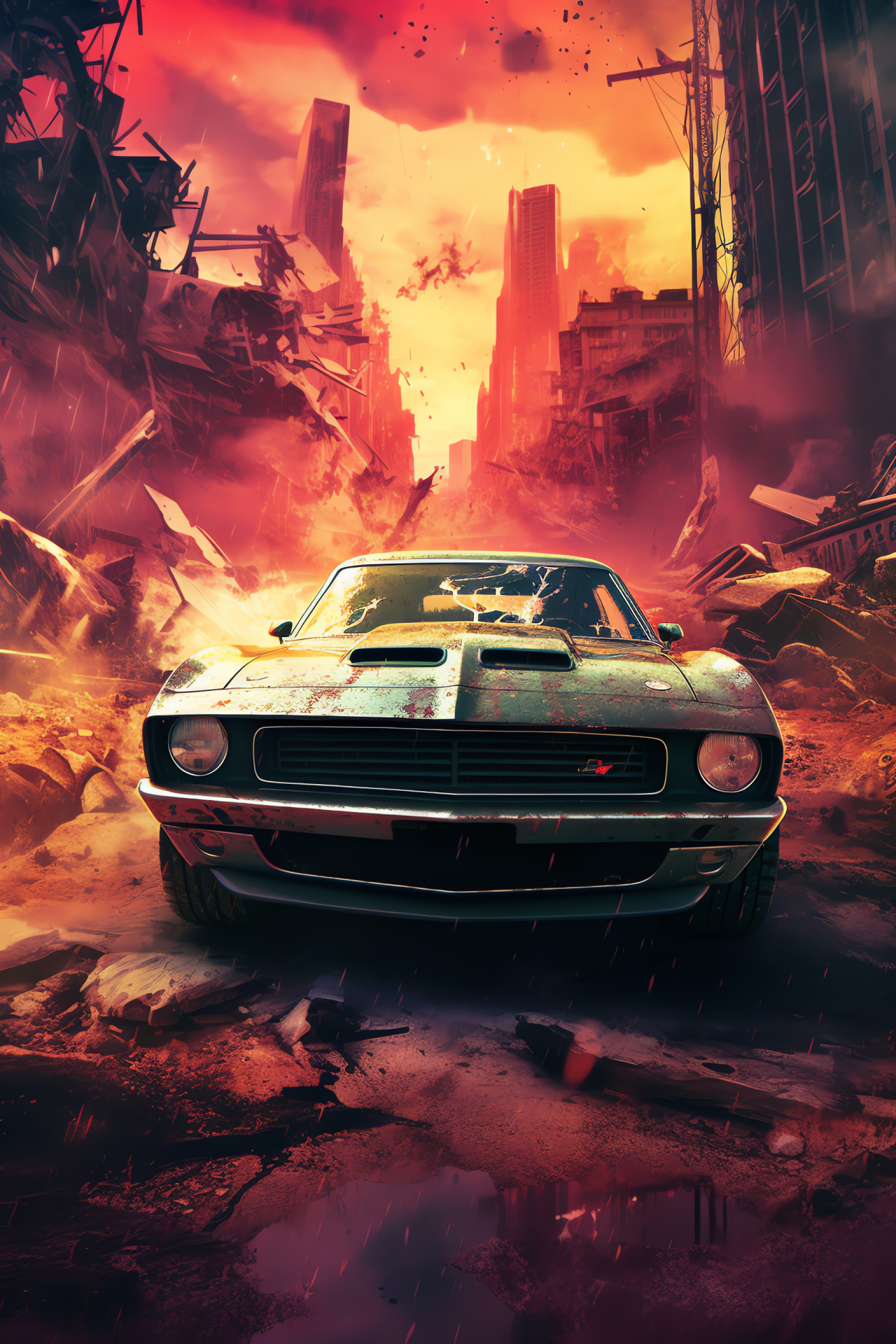 Muscle Cars dystopia, Futuristic decay, Digital artwork, Aged vehicle feel, Monochrome aesthetics, HD Phone Wallpaper