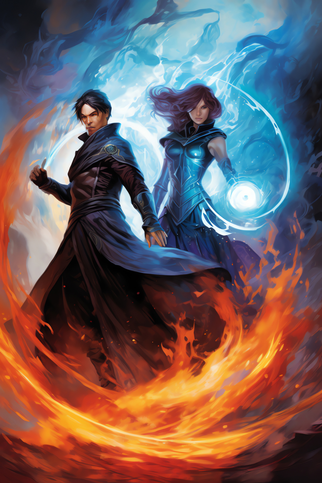 MTG epic confrontation, Planeswalkers Jace and Chandra, Intense magical conflict, Fantasy gaming champions, Card battle illustration, HD Phone Wallpaper