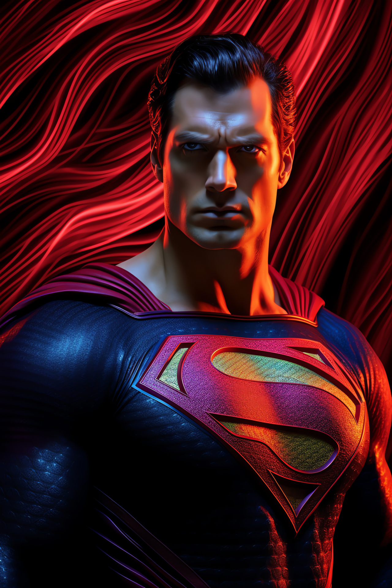 Superman's stoic pose, Heroic stand, Steely Superman focus, Patterned illumination, Luminous effects, HD Phone Wallpaper