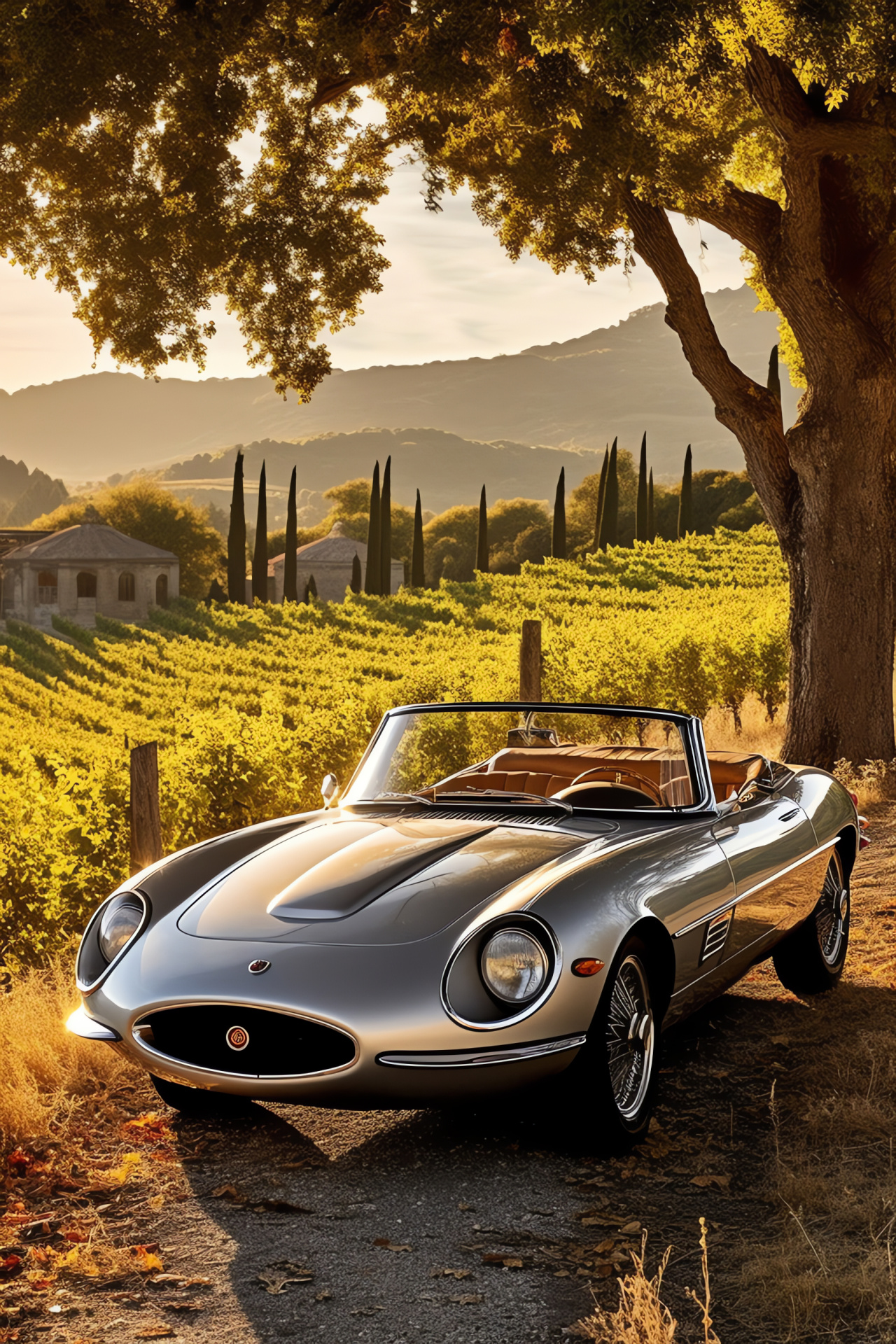 Alfa Romeo Spider heritage auto, Tuscany scenic backdrop, Silver convertible car, Italian vintage model, Vineyard surroundings, HD Phone Wallpaper