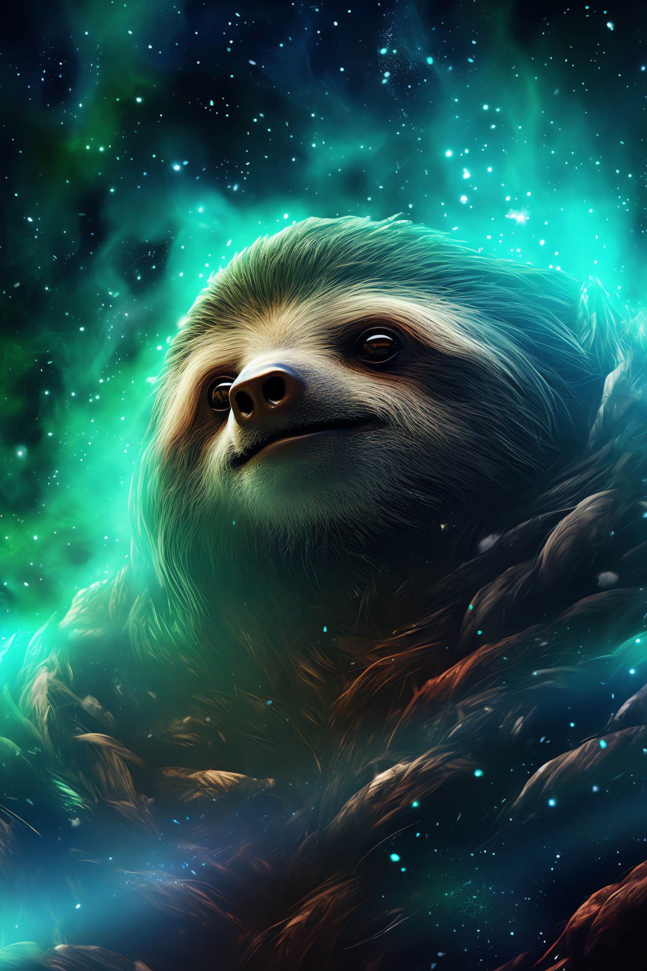 Mystical Space Sloth, Vivid green eyes, Fur streaked silver, Universe background, Dark charcoal context, HD Phone Image