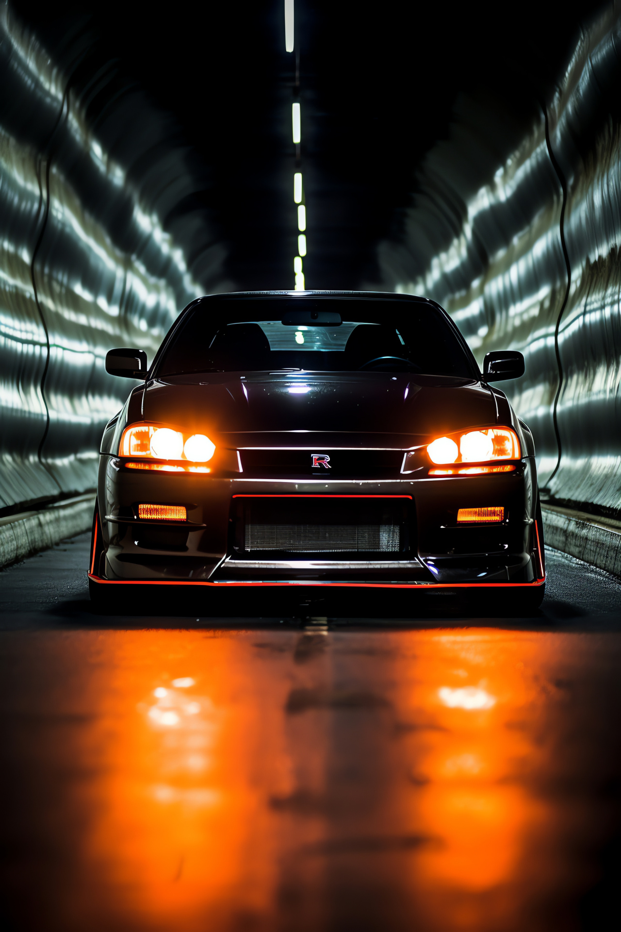 Nissan R32 GTR speed, Light-enhanced auto tunnel, Tuner car LEDs, Car dynamism impression, Underground speed path, HD Phone Wallpaper