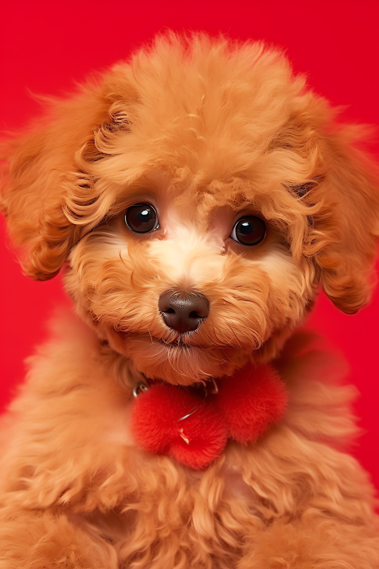 Poodle appearance, apricot color, stylish grooming, close-up animal, red isolated backdrop, HD Phone Image