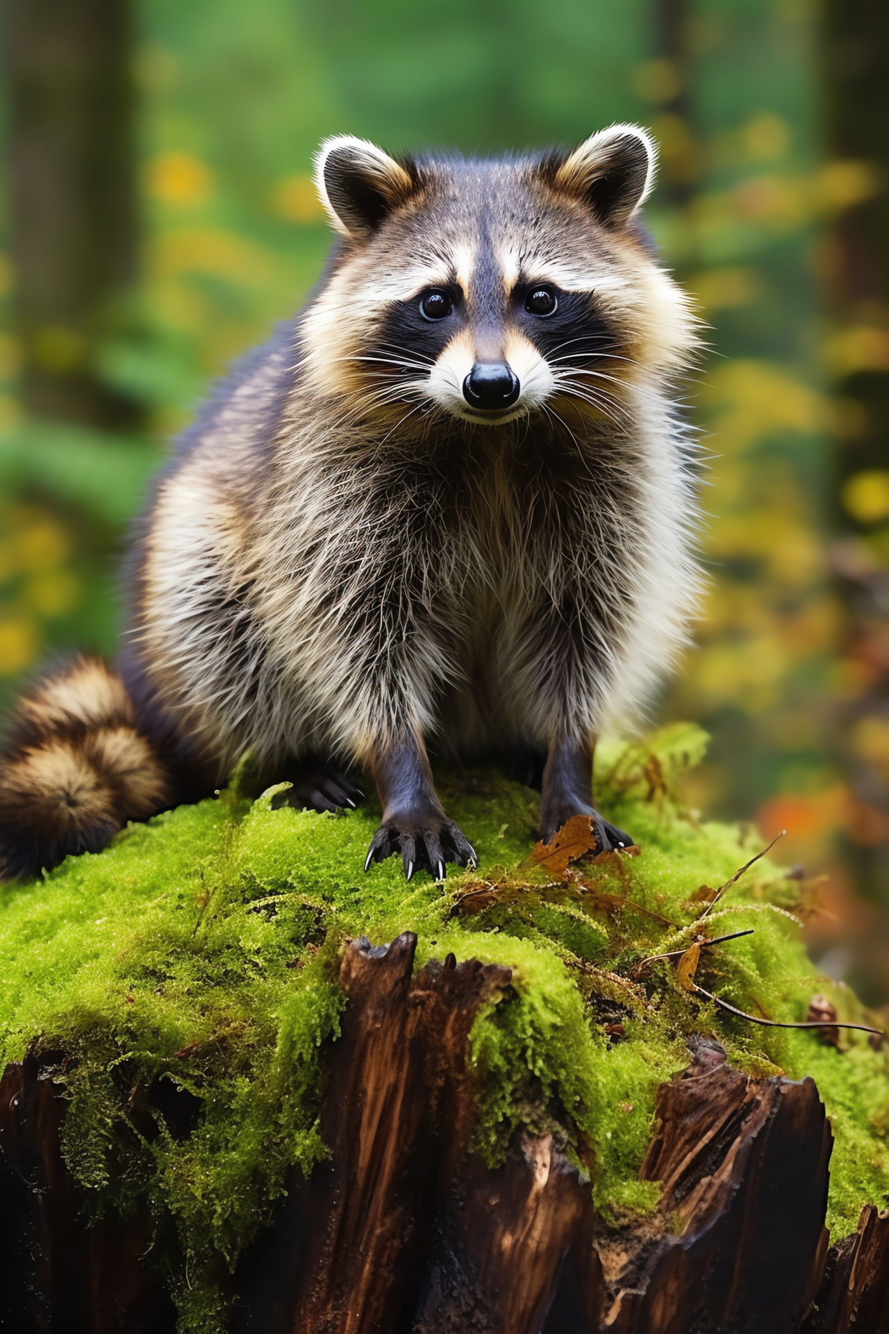 Senior raccoon, wise stare, weathered fur, rustic setting, tranquil backdrop, HD Phone Image