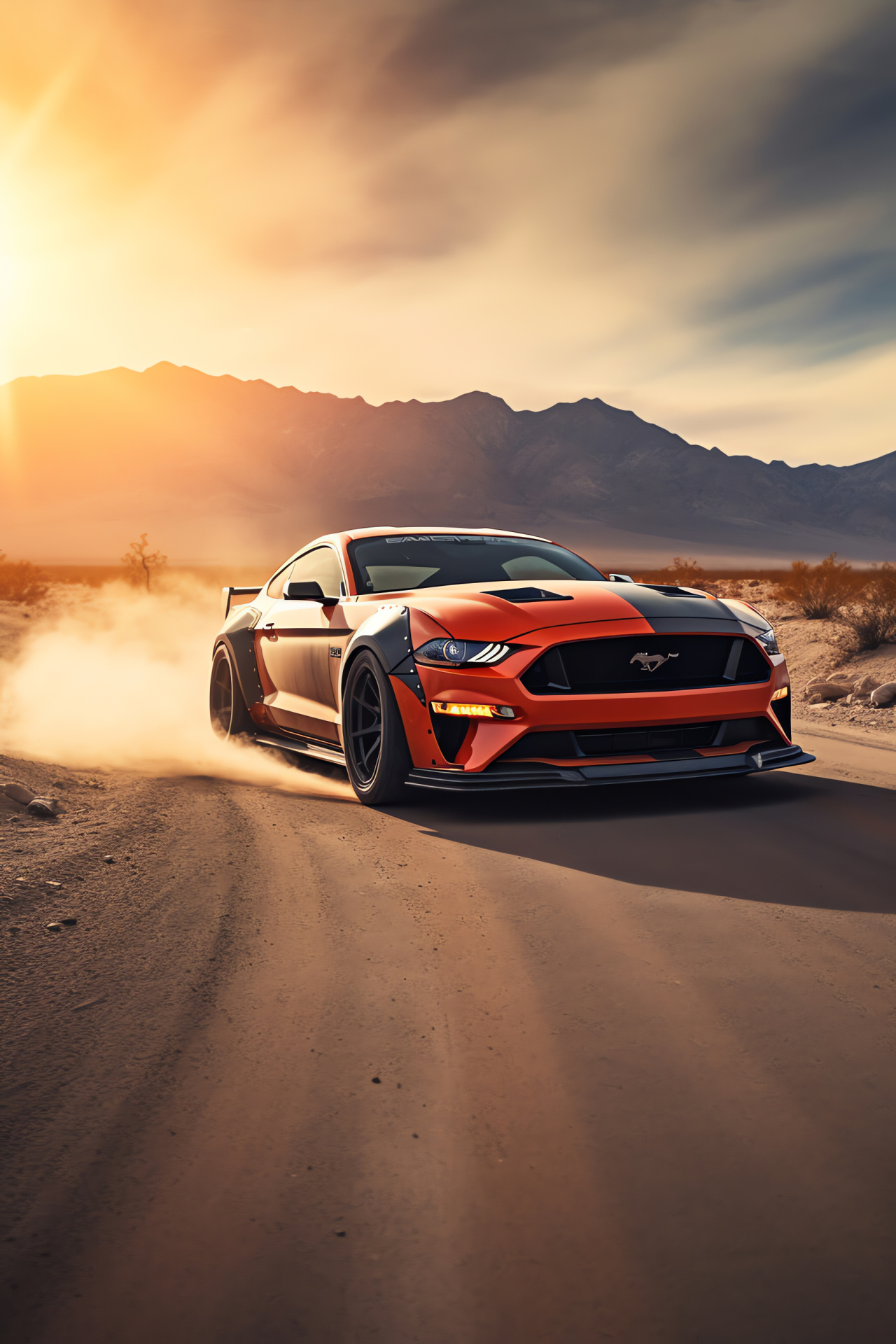 Rocket Bunny Ford Mustang, Arid desert landscape, Broad terrain shot, Car drifting action, American muscle, HD Phone Image