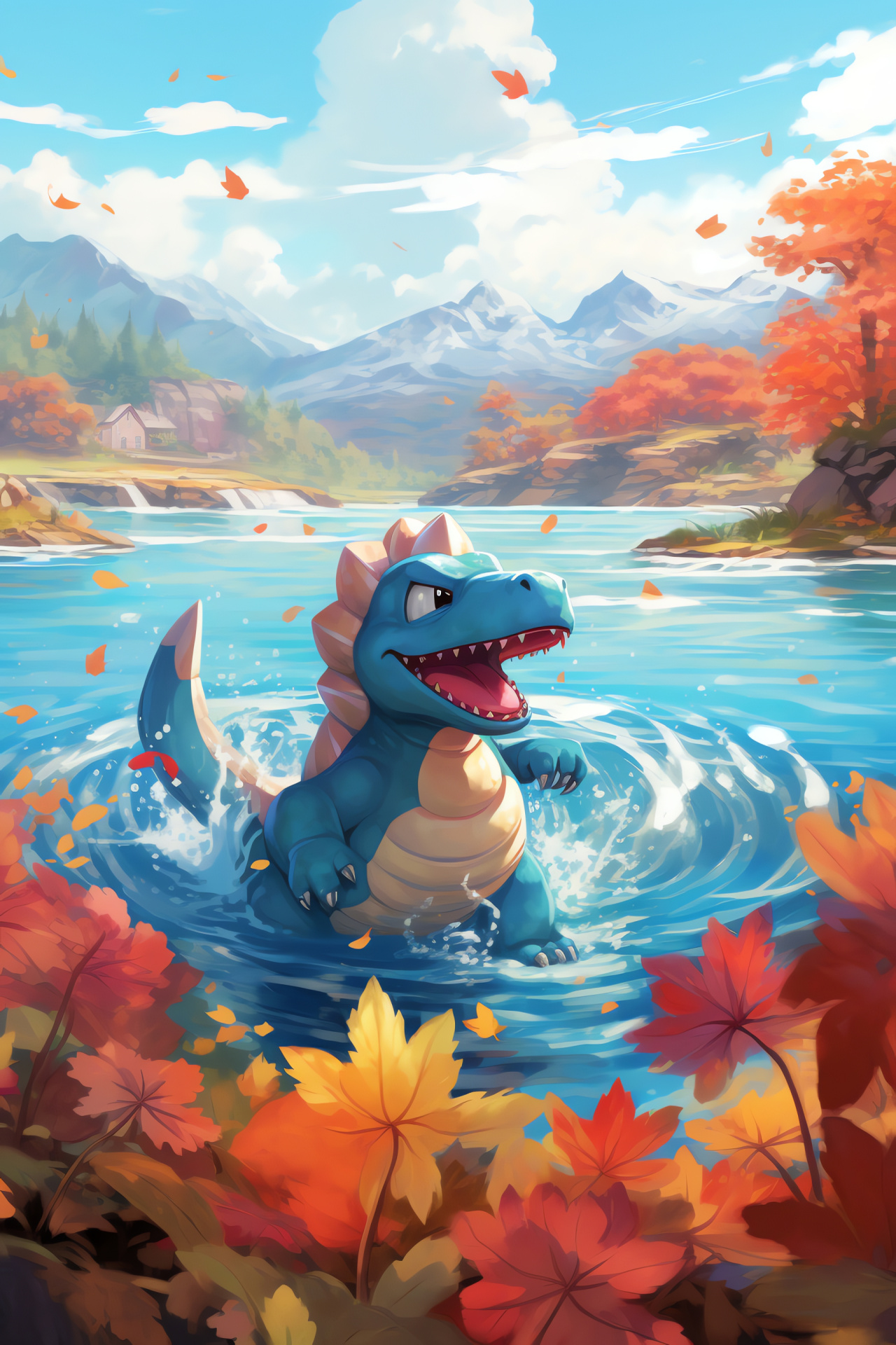 Totodile habitat snapshot, Lake of Rage setting, Crystal-clear water elements, Autumnal tree colors, Seasonal forest surrounding, HD Phone Wallpaper