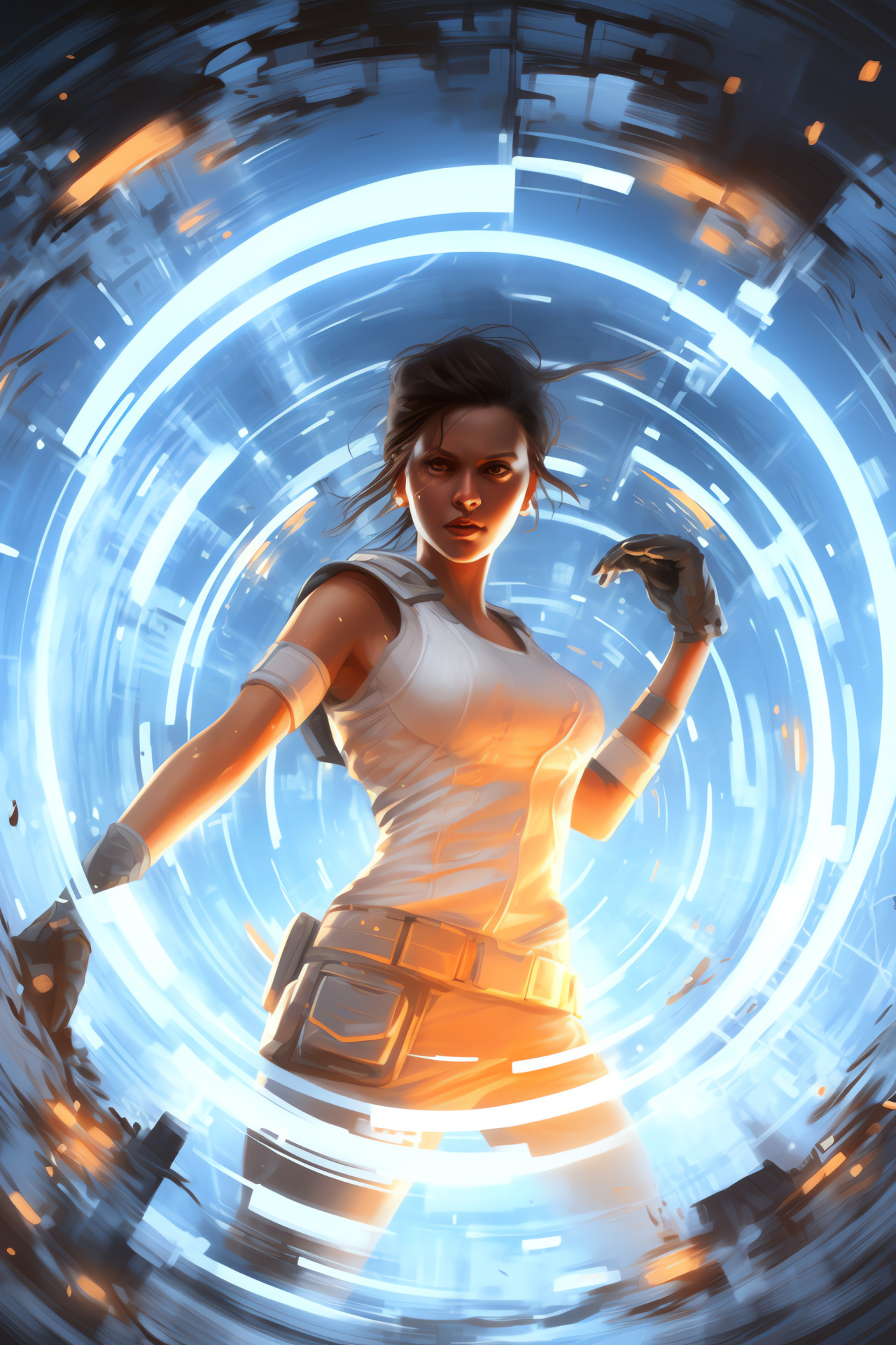 Portal puzzle-solving, Chell protagonist, Intricate obstacles, Defense bots, Energy manipulation, HD Phone Image