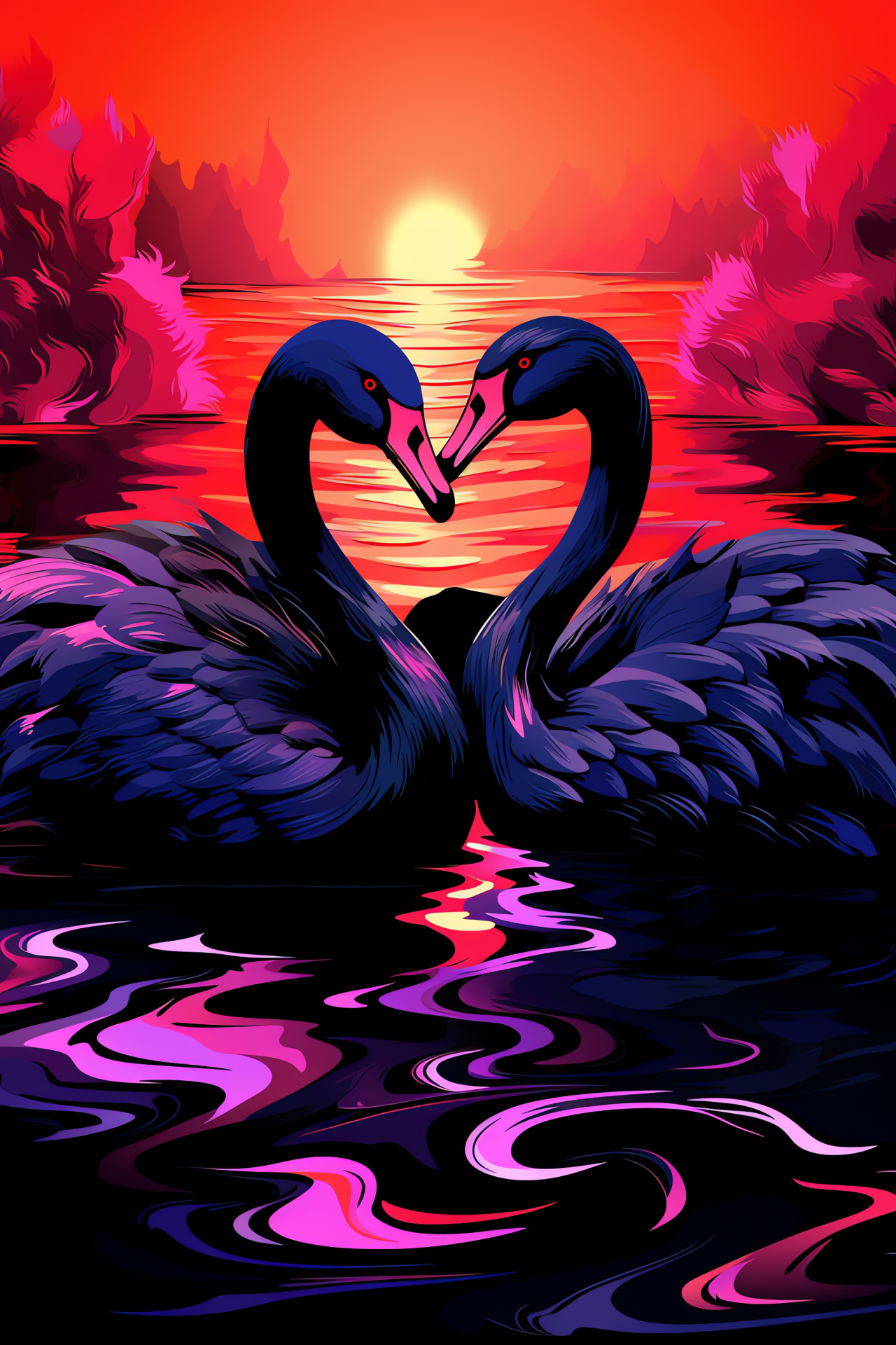 Black Swan pair, Gentle bond in nature, Waterfowl at dusk, Serene pond environment, Affectionate gestures, HD Phone Image