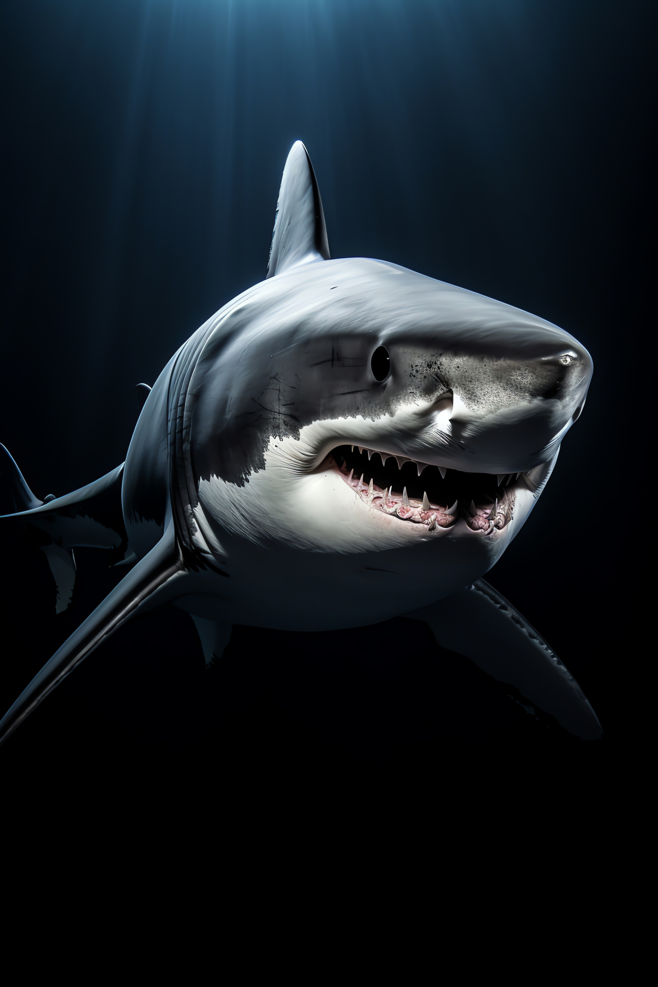 Great White Shark, Ocean predator, Marine wildlife, Dark backdrop, Sleek gray, Black oculars, HD Phone Wallpaper