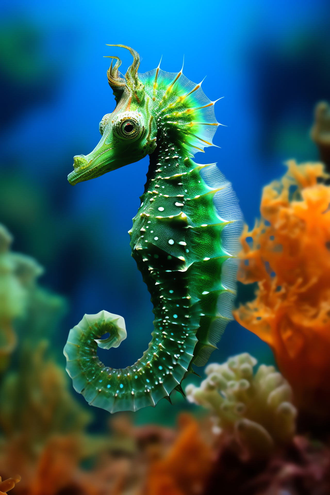 Green Seahorse, Seychelles marine life, gold patterns, emerald eyes, sea anemones habitat, HD Phone Wallpaper