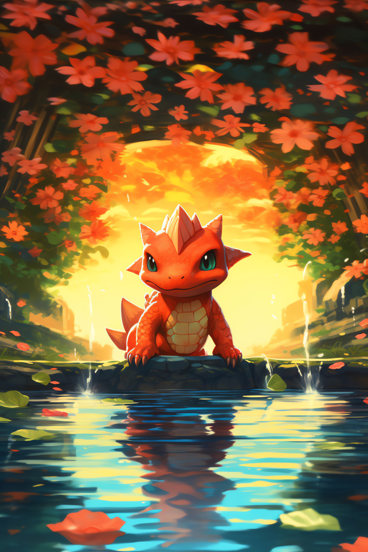 Charmeleon's lakeside calm, fiery scales brilliance, still water reflection, sunlight interaction, tranquil setting, HD Phone Image