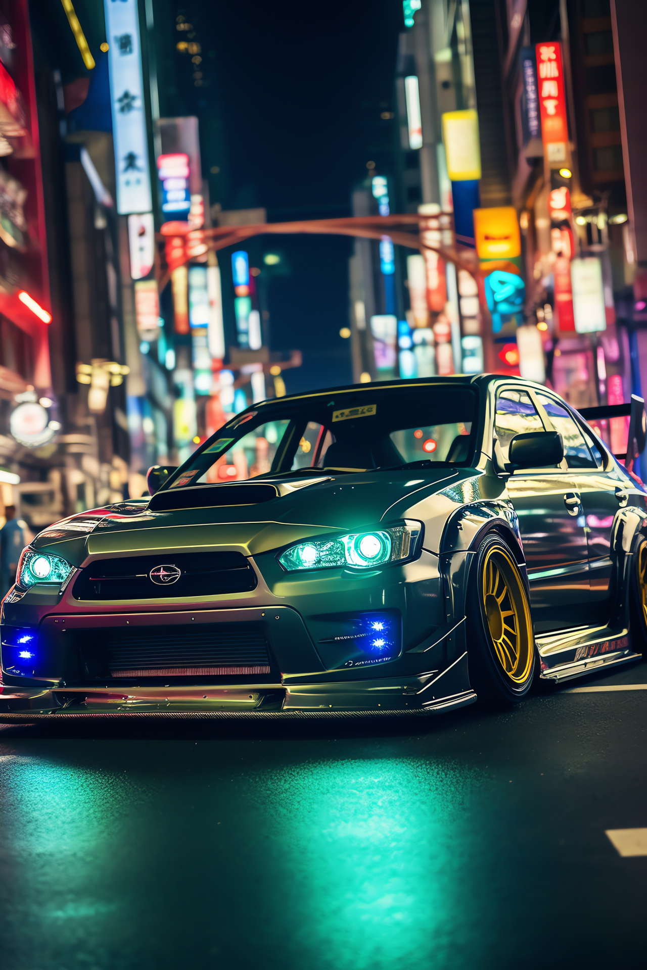 Tokyo car culture, Modified Subaru Impreza, WRX STI enhancements, Japanese aftermarket scene, Neon urban nightlife, HD Phone Wallpaper