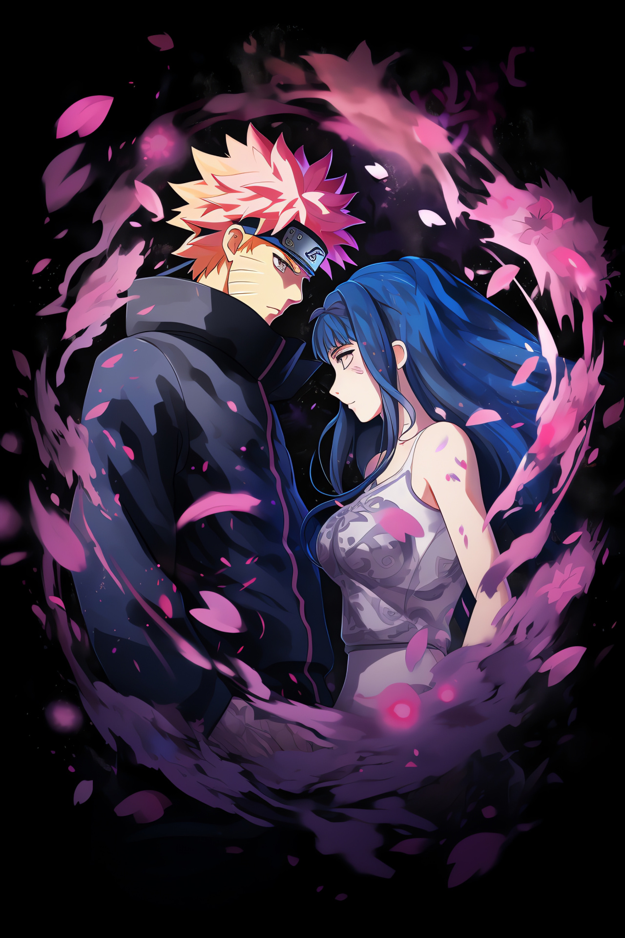 Naruto and Hinata, Emotional display, Anime combat lovers, Dramatic petal whirlwind, Ninja tactics, HD Phone Image