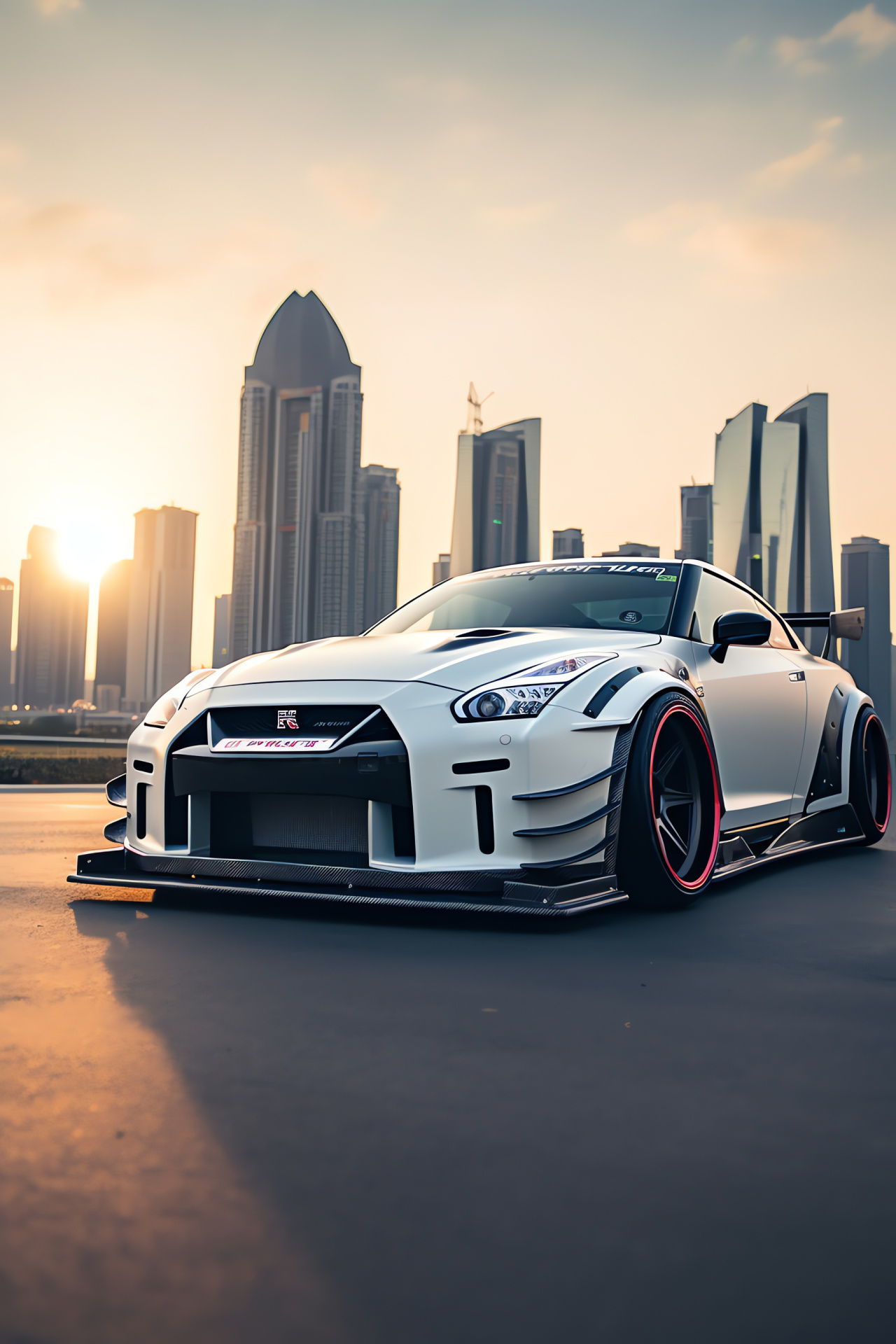 Nissan GTR Liberty Walk in Dubai, Arabian cityscape, Tuning and spoiler, Skyscraper Burj Khalifa, Palm Jumeirah island, HD Phone Image