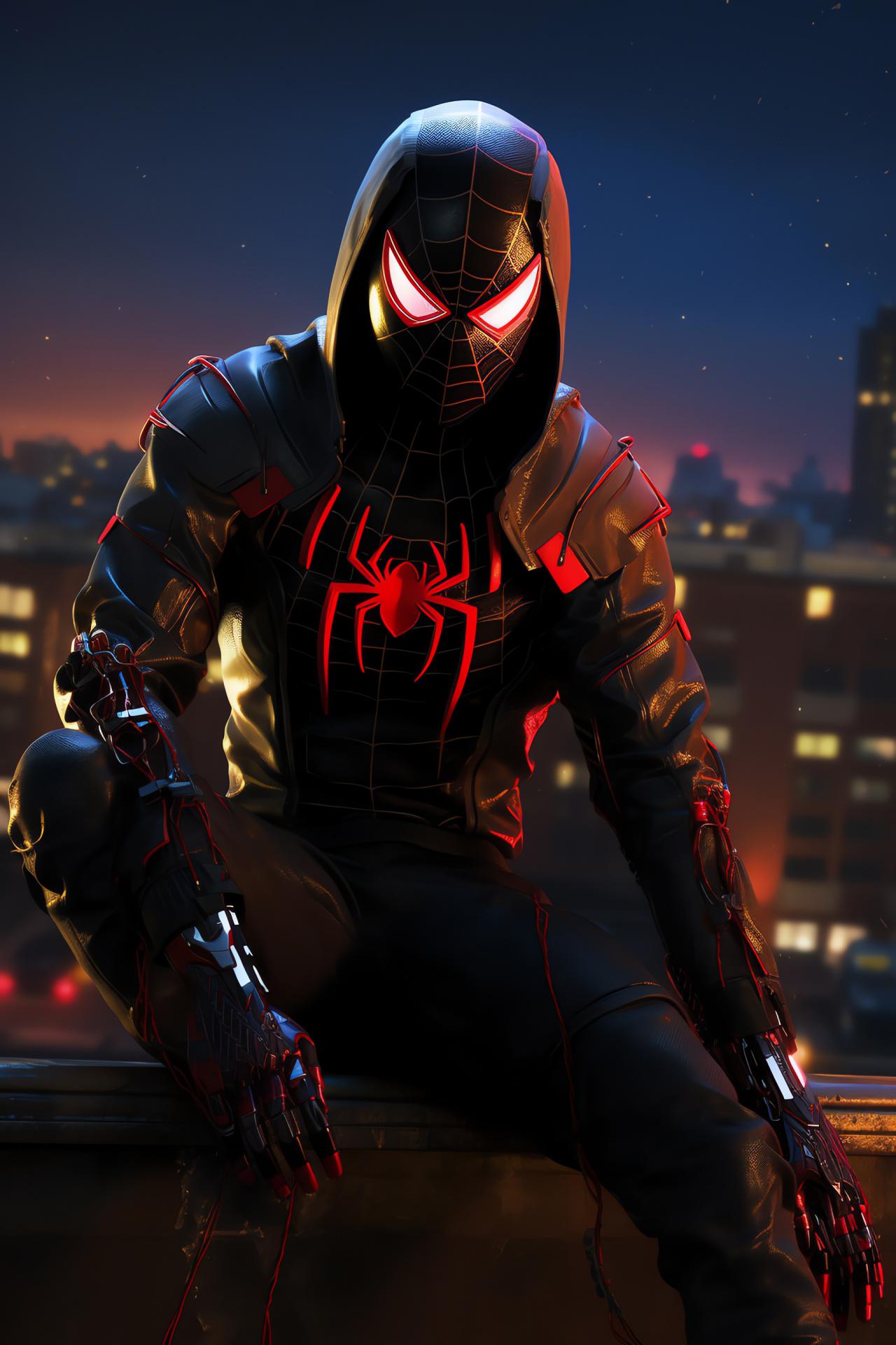 Miles Morales as Spiderman, Superhero costume, Marvel Comics, Urban hero, Stylish design, HD Phone Image