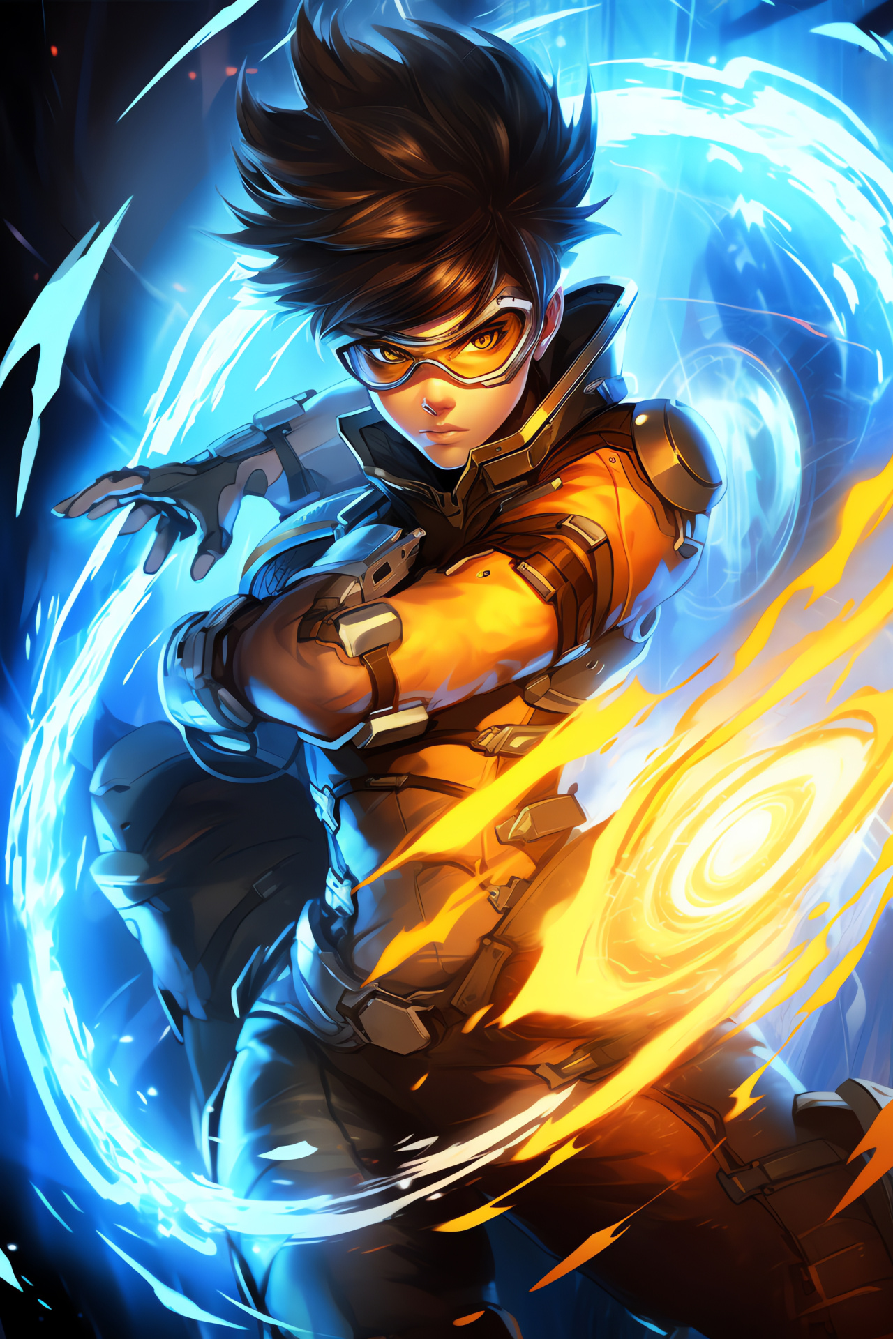 Cyberpunk Overwatch hero, Temporal journey, Character-focused drama, Game world presence, Breathtaking gaming backdrop, HD Phone Wallpaper