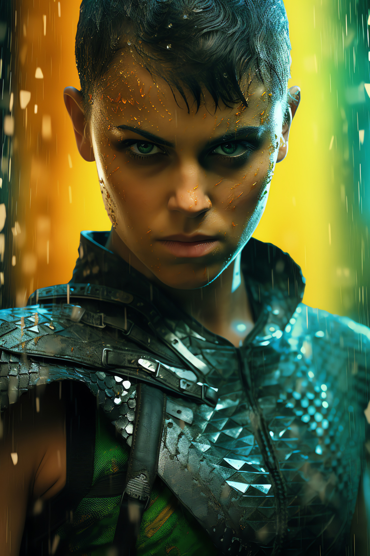 Furiosa character, Piercing green eyes, Vehicle command, Post-apocalyptic vehicle, Intense film role, HD Phone Wallpaper