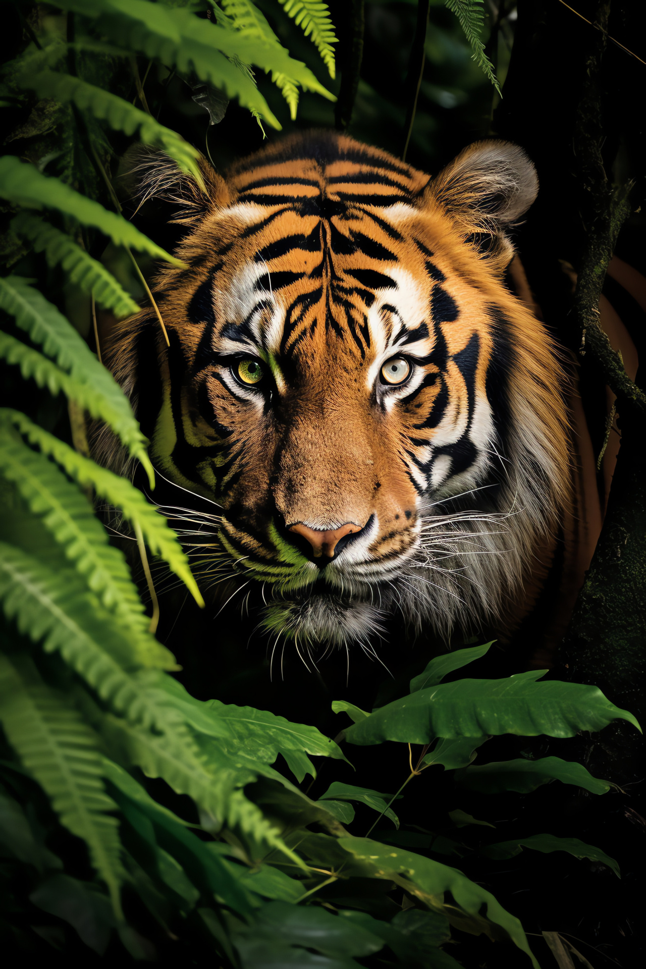 Bengal Tiger in nature, Amazonian jungle scene, Intricate plant life, Verdant tropical environment, High canopy trees, HD Phone Image