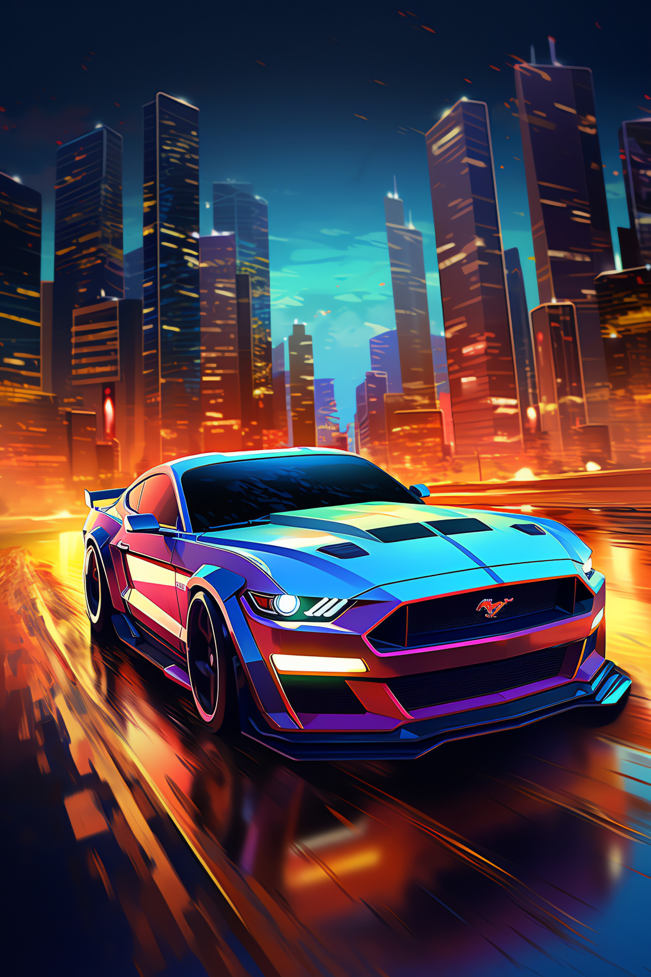 Mustang HD automotive portrayal, Future-themed urban setting, Illuminated nocturnal avenues, Digital art ambiance, HD Phone Image