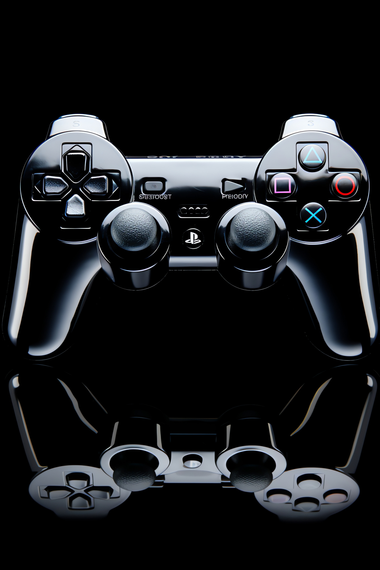 Black Sony PS3 controller, Sleek gaming interface, Symbol button details, Dual analog control, Ergonomic joystick design, HD Phone Wallpaper