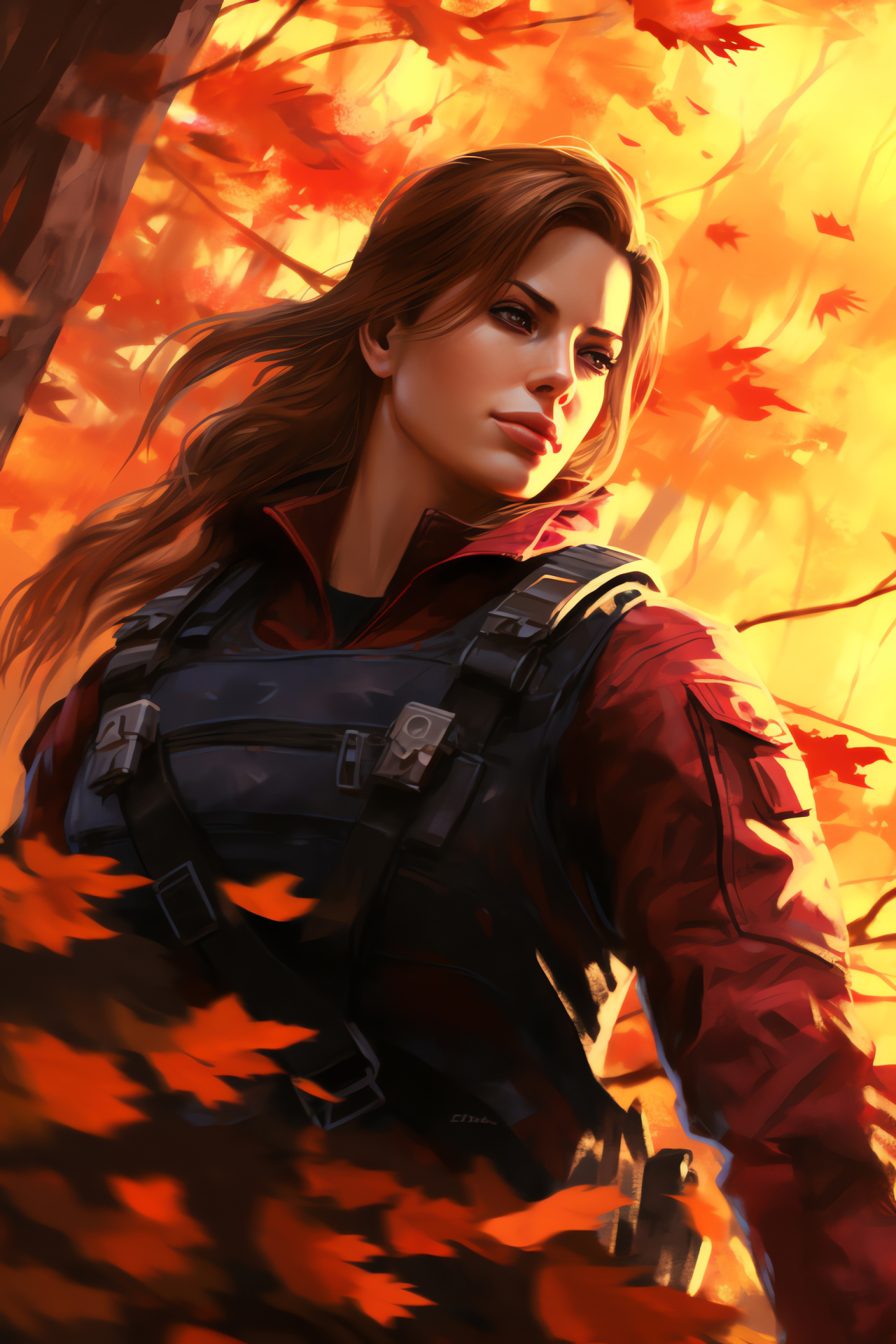 Videogame wilderness, Claire Redfield exploration, Foreboding timberland, Combat-ready apparel, In-game flora, HD Phone Image