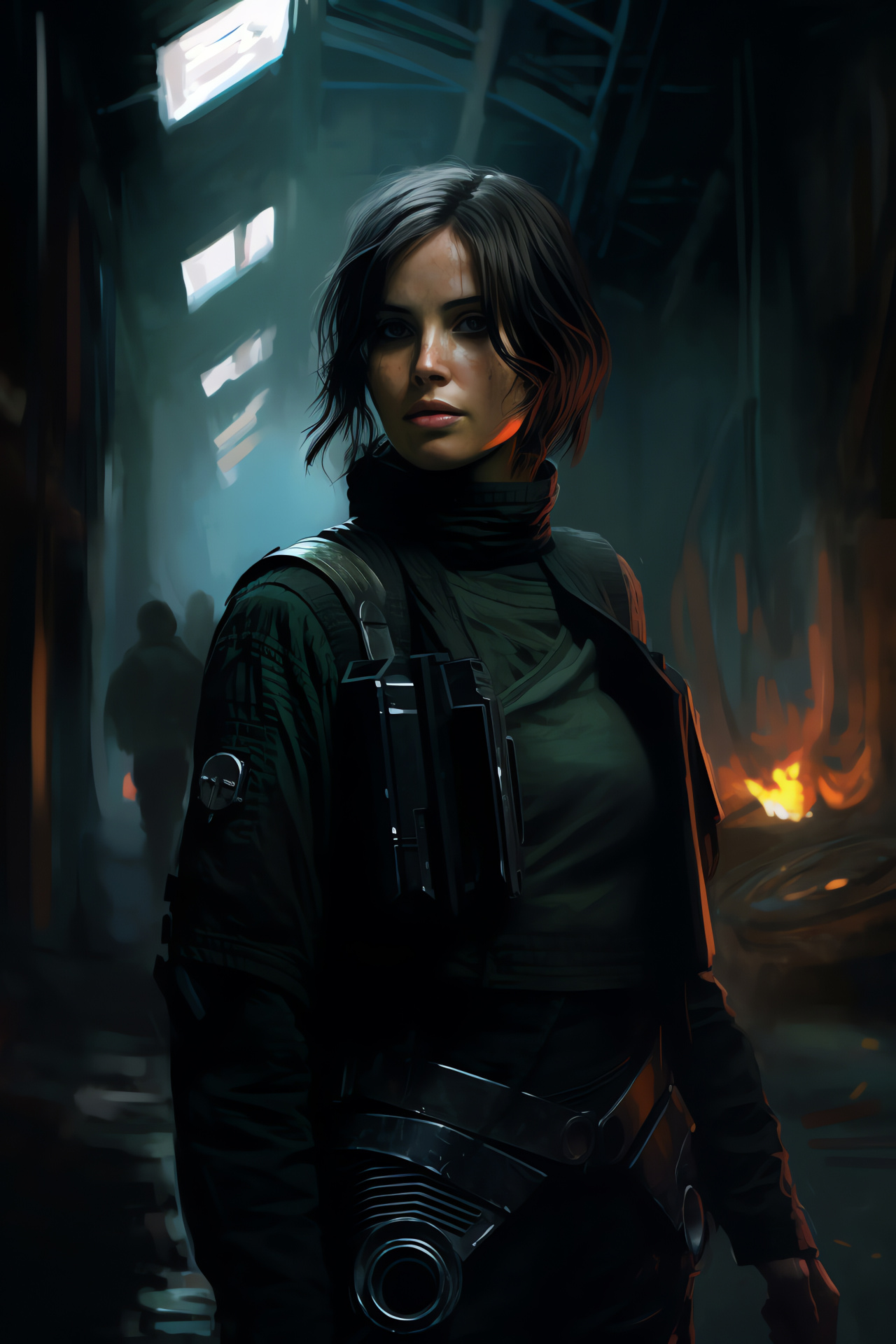 Jyn Erso infiltration scene, Rogue One narrative, Galactic Empire stronghold, Dark corridor suspense, Impending confrontation, HD Phone Wallpaper