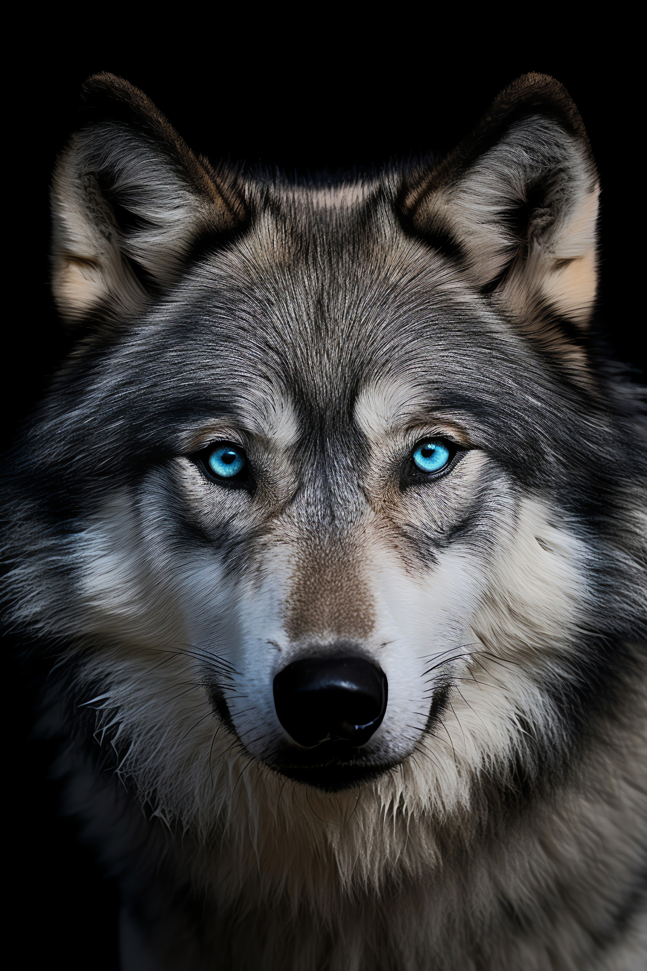Close-up of timber wolf, Blue-eyed wolf, Light gray fur, White-coated animal, Dark backdrop contrast, HD Phone Wallpaper
