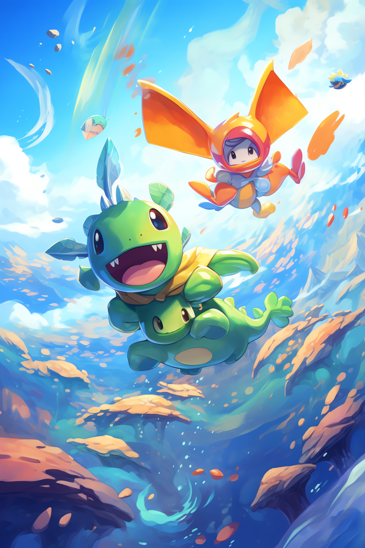 Pokemon Mystery Dungeon action, Cyndaquil agility, Totodile ferocity, Aerial Pokemon skirmish, Dungeon exploration, HD Phone Wallpaper