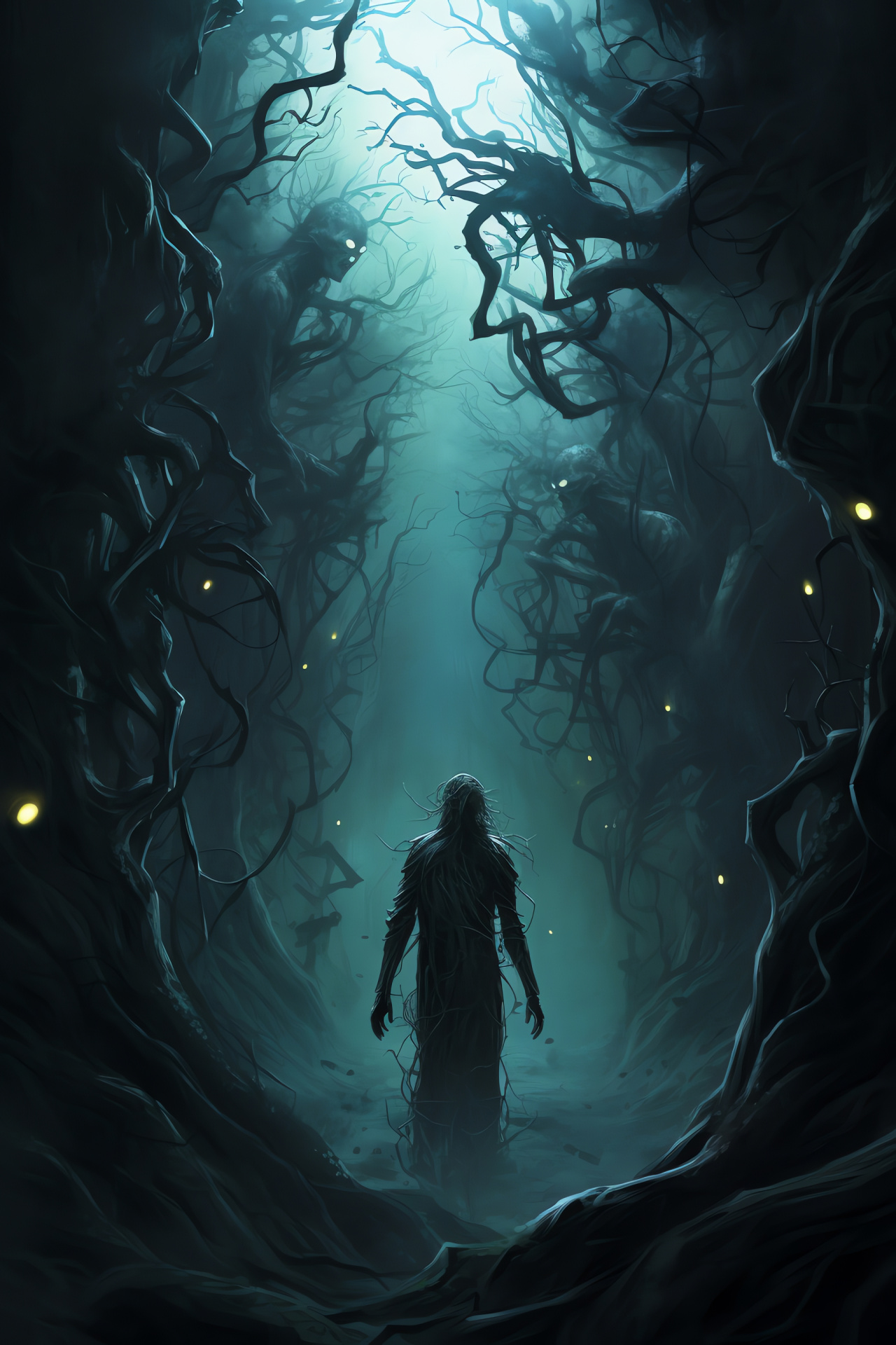 Necromancer surroundings, Eerie forest backdrop, Summoning hand visuals, Creeping trees, Entangling vines effect, HD Phone Wallpaper