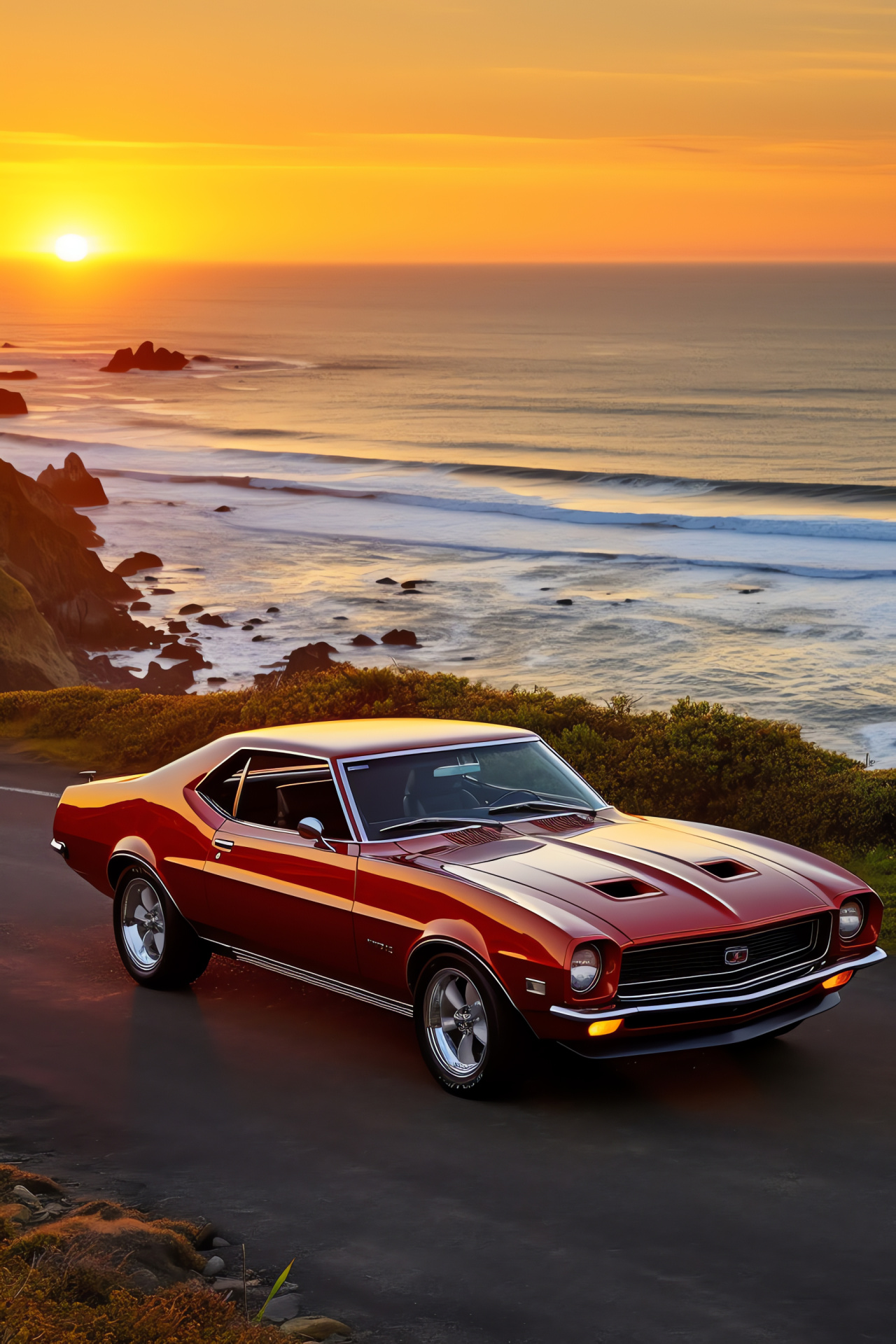 AMC AMX muscle auto, seaside highway, golden hour lighting, ocean wave backdrop, powerful car profile, HD Phone Wallpaper