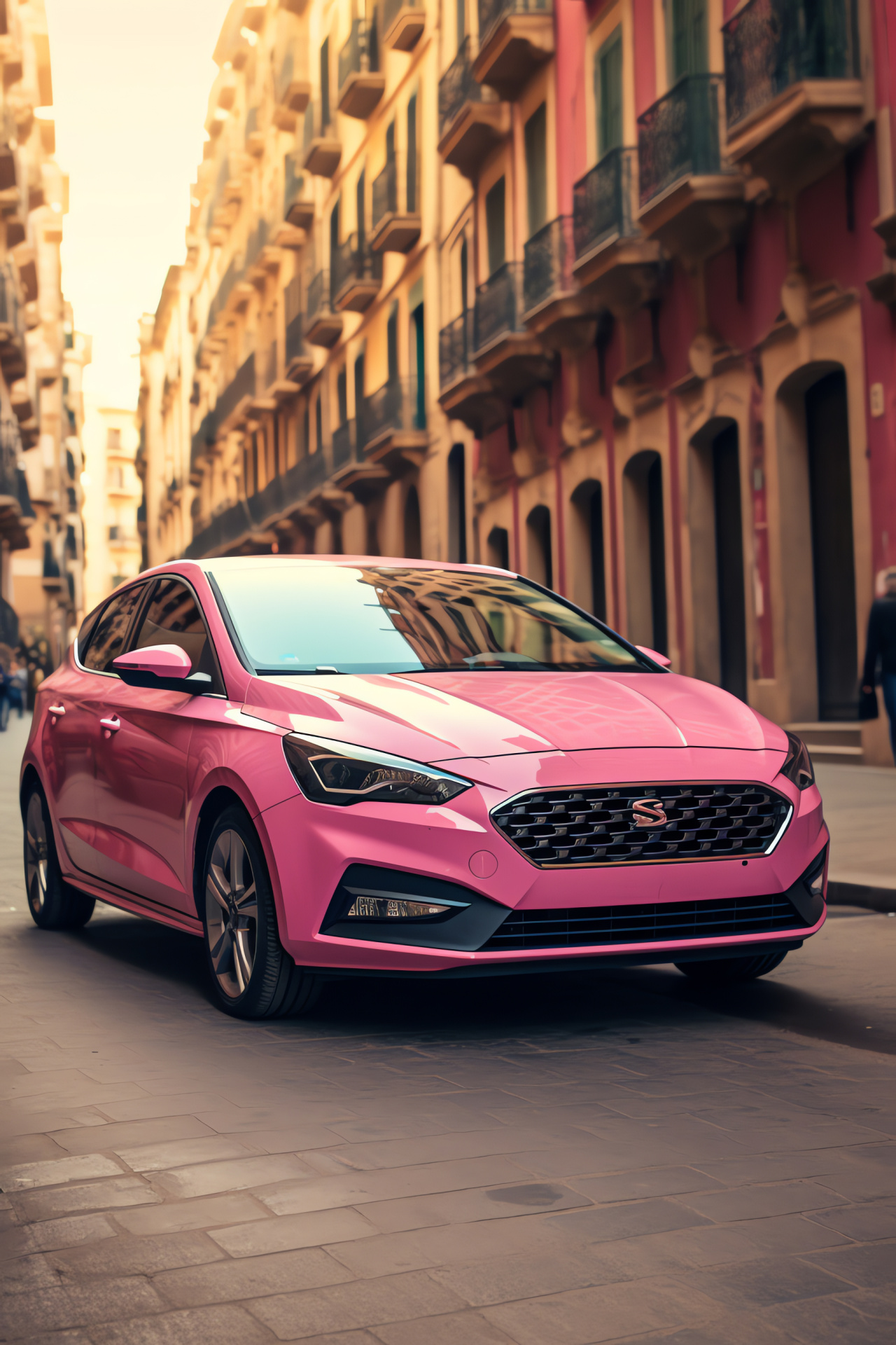 Pink Seat Ibiza FR, Barcelona streets, Urban vehicle exploration, Architectural diversity, Dynamic city drive, HD Phone Wallpaper