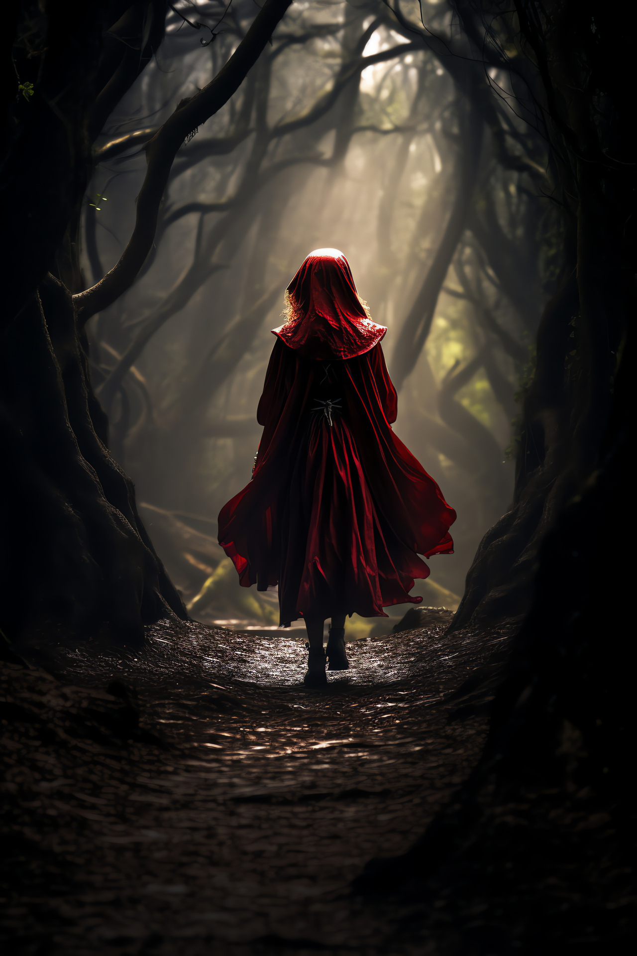 Red Riding Hood navigating a dark forest, secluded narrow path, bright red cloak contrast, interplay of light and shadows, HD Phone Image