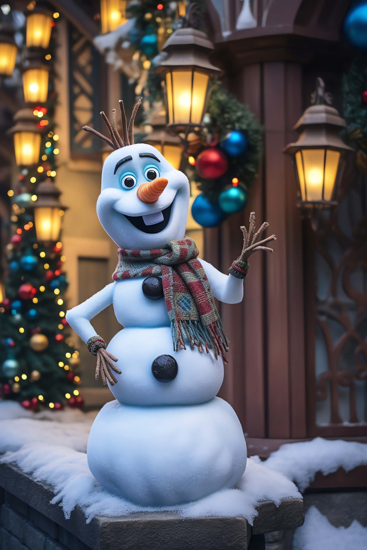 Olaf holiday figure, Disney's Frozen joy, Winter town, Festive apparel, Frosty delight, HD Phone Wallpaper