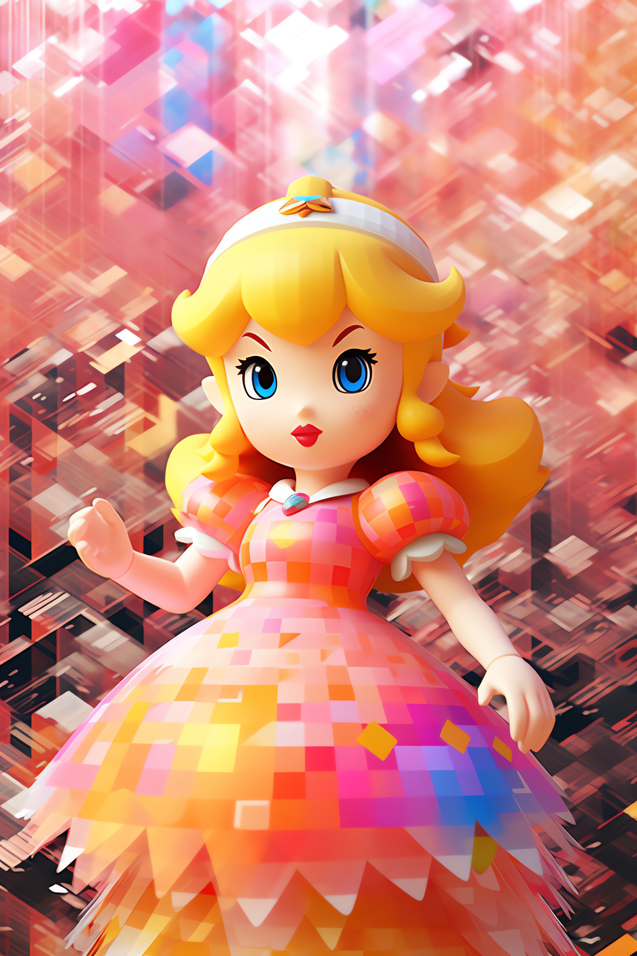 Princess Peach, Nintendo gaming royalty, Pink royal attire, Mushroom Kingdom monarch, Geometric backdrop design, HD Phone Wallpaper