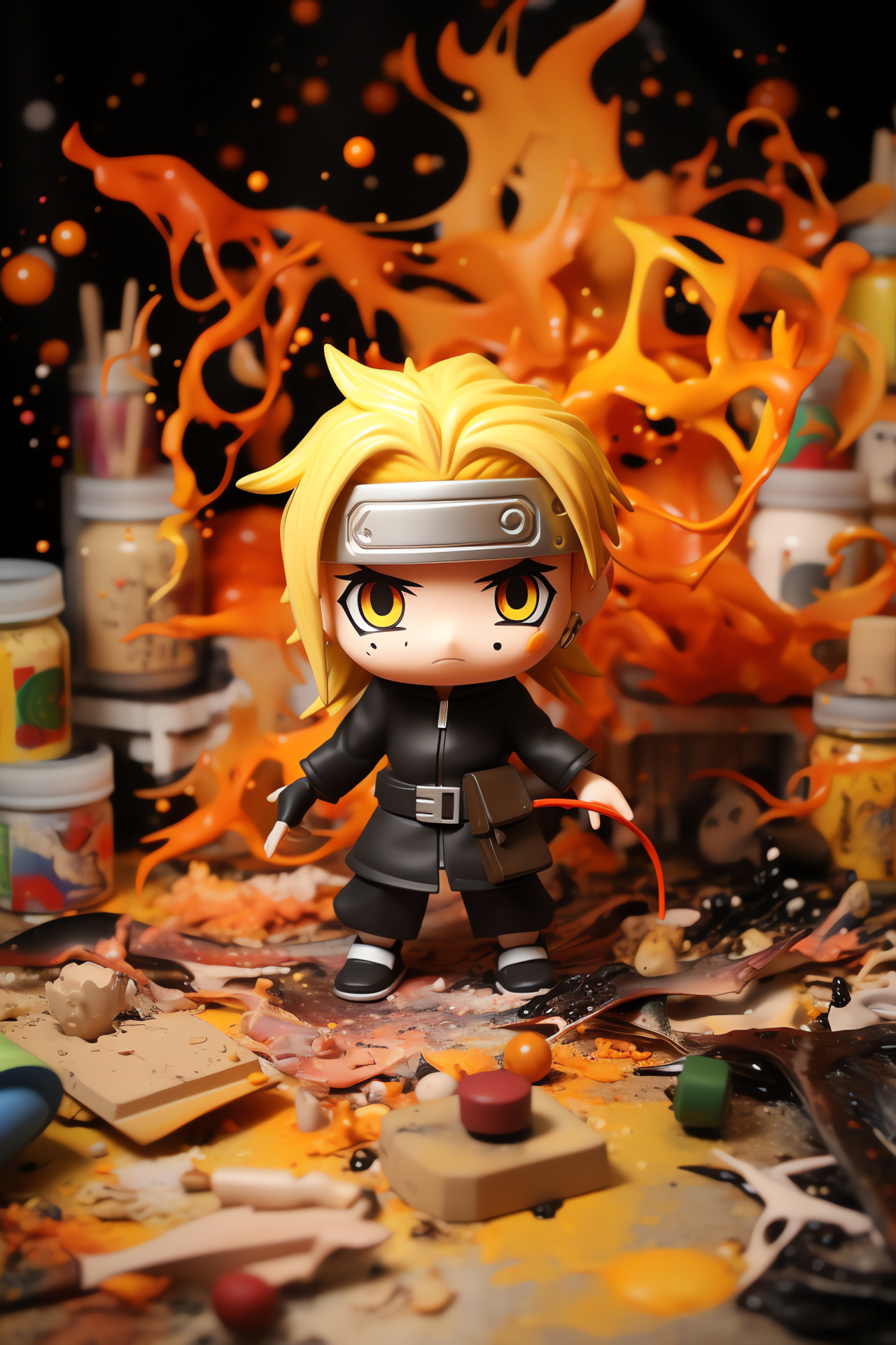 Deidara artist, Miniature form, Lively skirmish, Explosive creations, Burst of flame spectacle, HD Phone Image