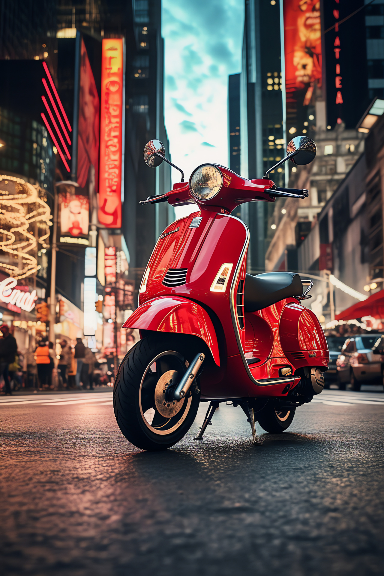 Vespa GTS 300 in NYC, Times Square buzz, Urban scooter lifestyle, City billboards, Metropolitan crowds, HD Phone Image